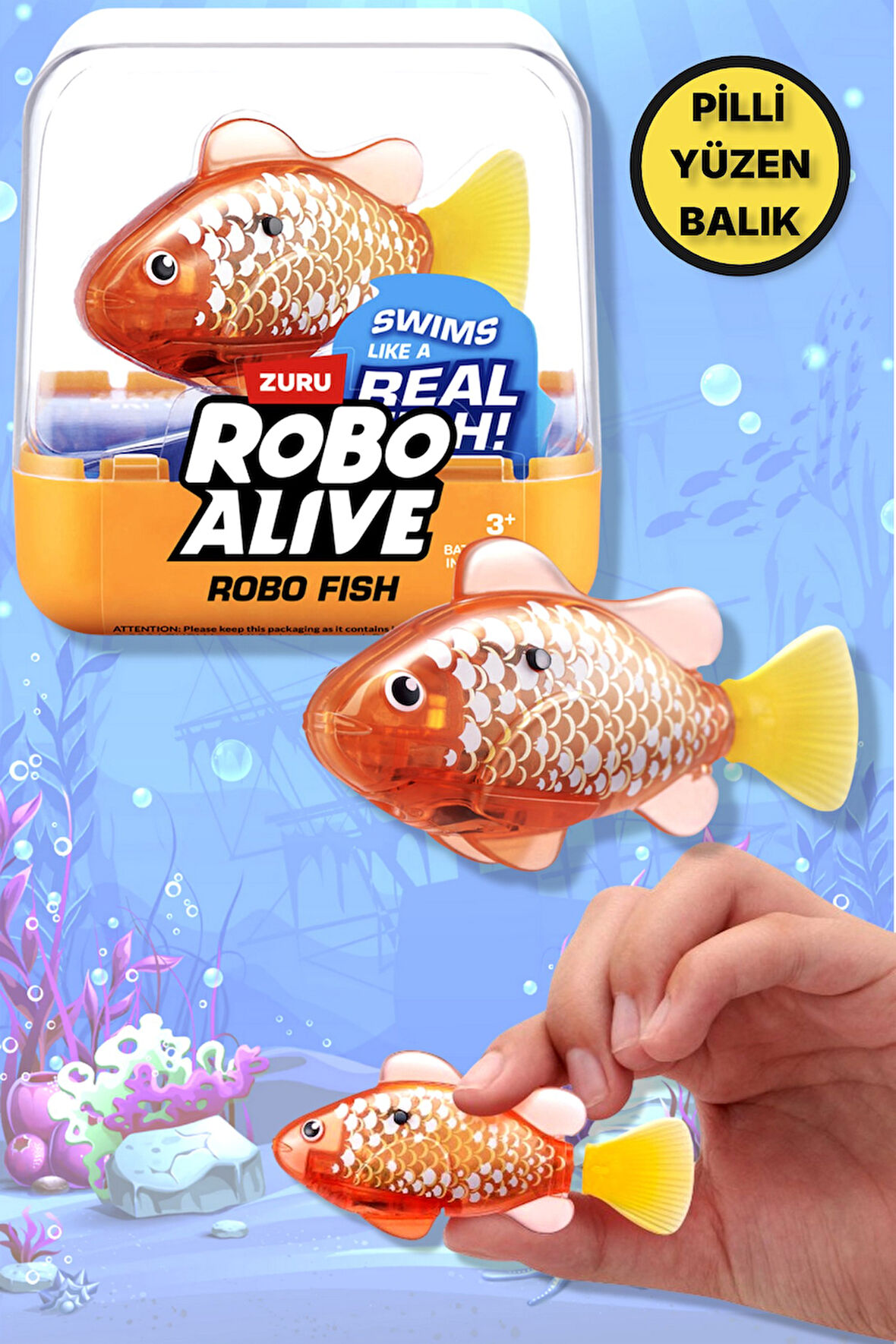 1.8 Metre Derine Dalan Suda Renk Değiştiren Yüzen Pilli Robo Alive Balık - 6.8 CM - 1 ADET - ALTIN