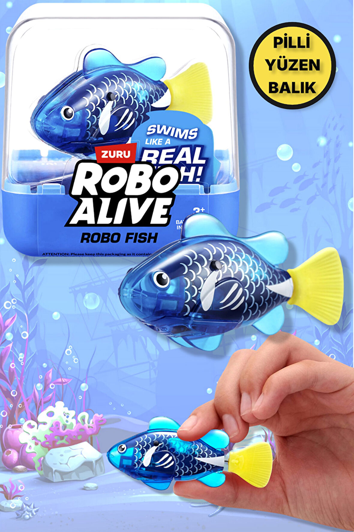 1.8 Metre Derine Dalan Suda Renk Değiştiren Yüzen Pilli Robo Alive Balık - 6.8 CM - 1 ADET - MAVİ