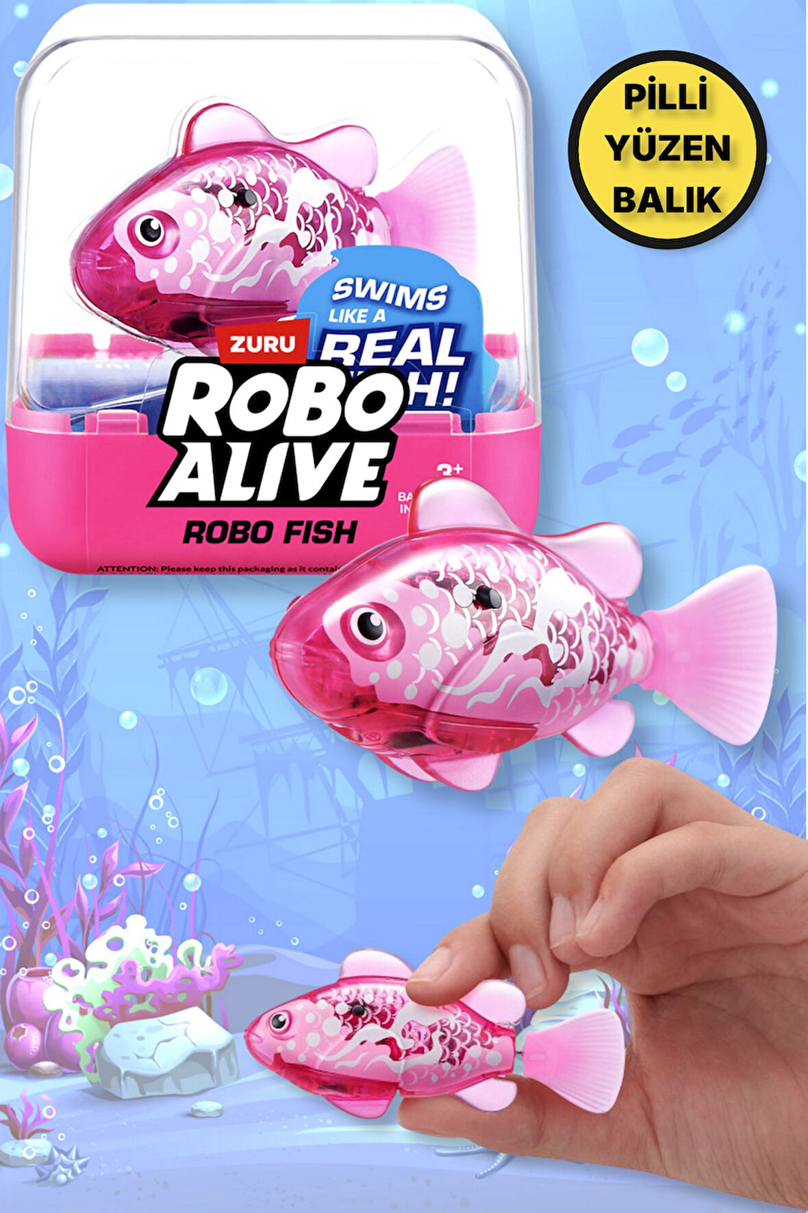 1.8 Metre Derine Dalan Suda Renk Değiştiren Yüzen Pilli Robo Alive Balık - 6.8 CM - 1 ADET - PEMBE