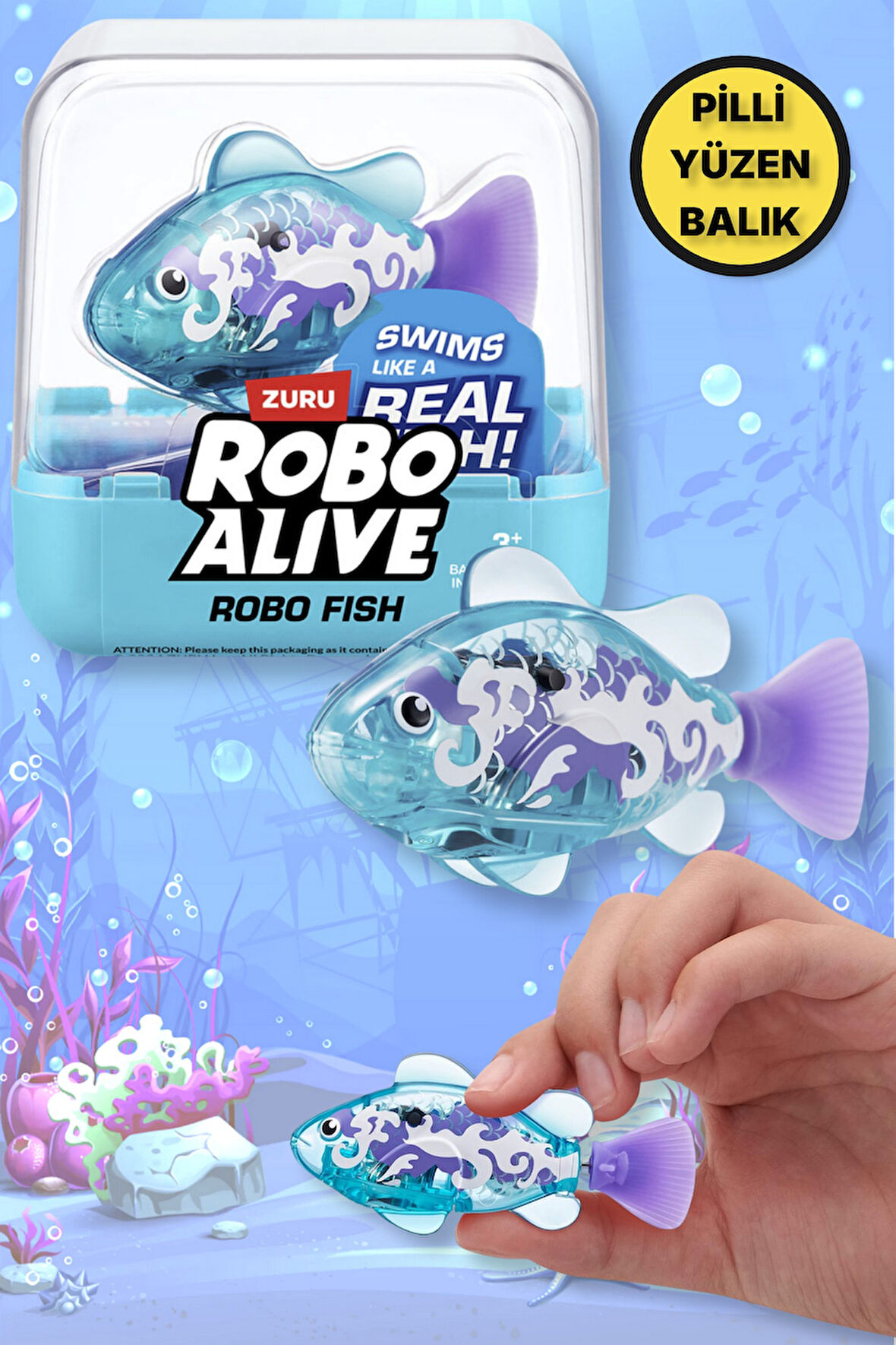 1.8 Metre Derine Dalan Suda Renk Değiştiren Yüzen Pilli Robo Alive Balık - 6.8 CM - 1 ADET - TURKUVAZ
