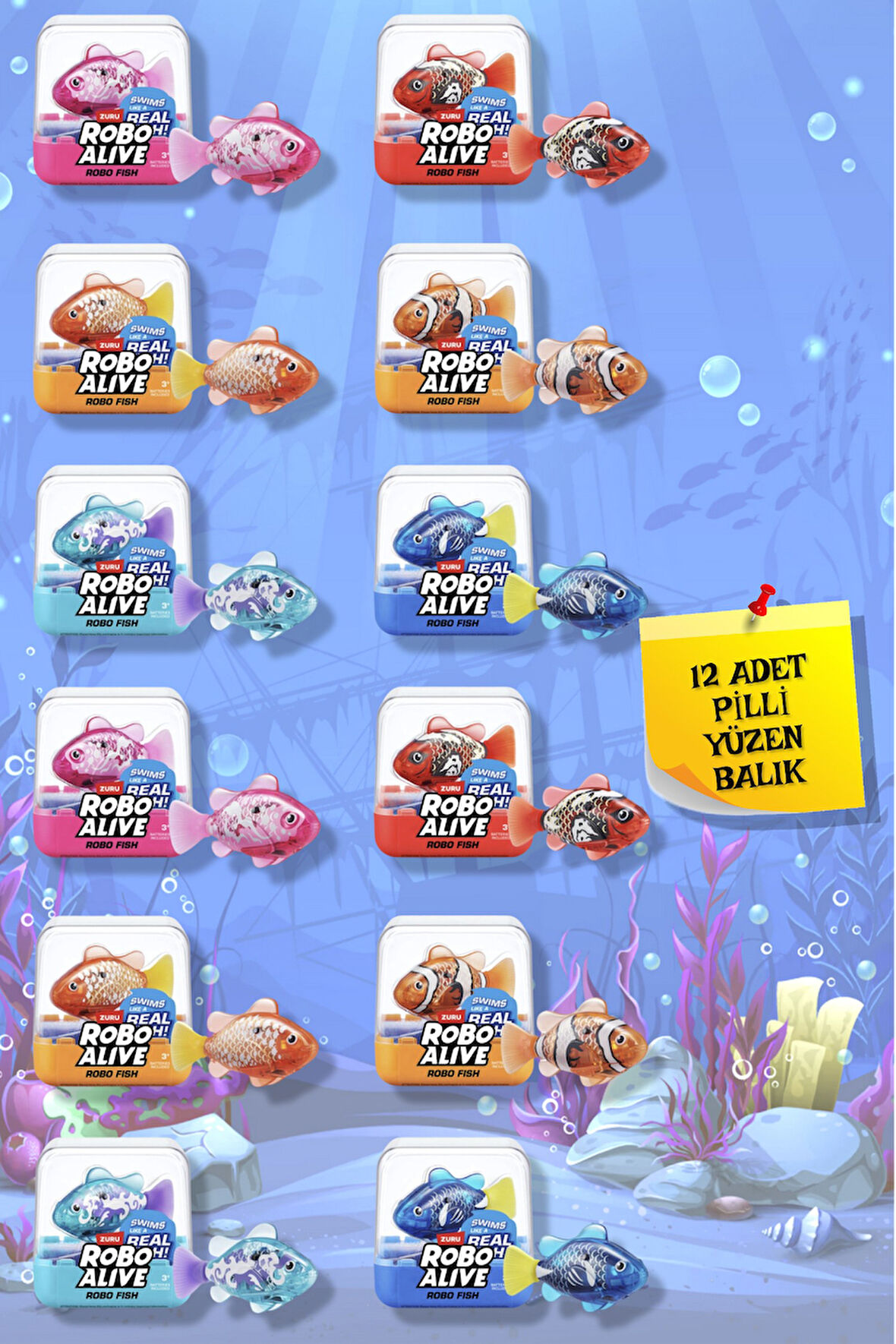 12 ADET Derine Dalan Suda Renk Değiştiren Yüzen Pilli Robo Alive Balıklar - 6.8 CM - 12 ADET