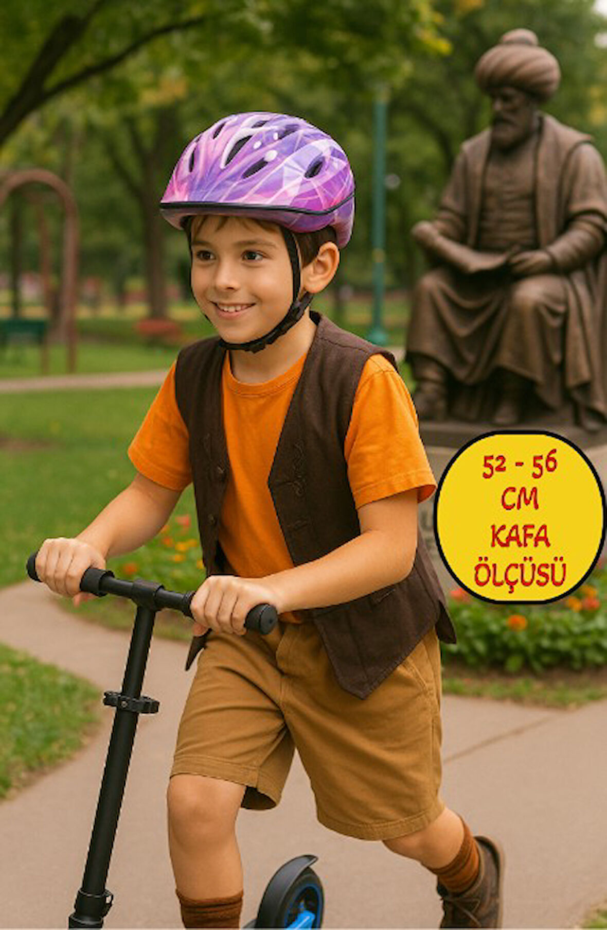 Bisiklet Kaykay Paten Scooter için Koruyucu Kask - Mor Desenli (52 - 56 CM Kafa Çevresine Uygun)