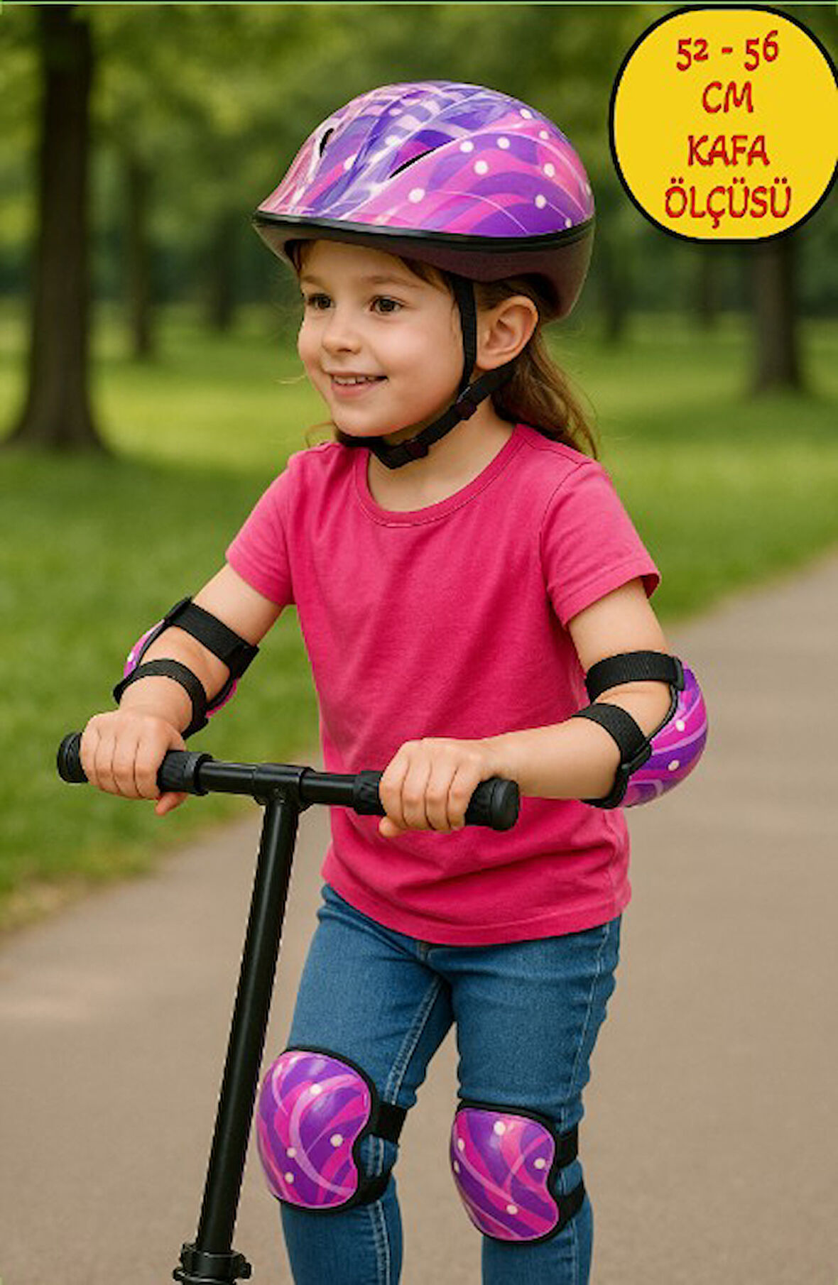 Bisiklet Kaykay Paten ScoAoter için Koruyucu Kask Dizlik Dirseklik Set - Mor (52 - 56 CM Kafa Ölçüsü)