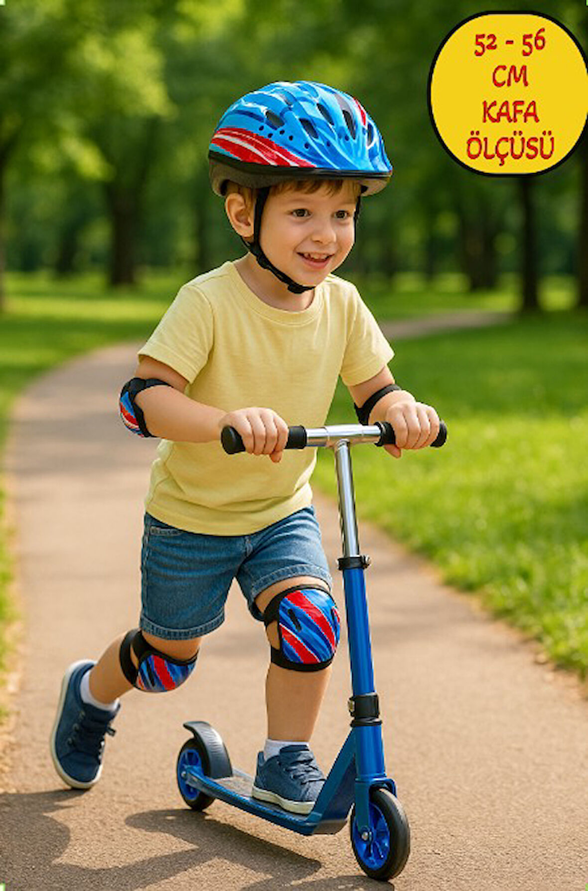 Bisiklet Kaykay Paten Scooter için Koruyucu Kask Dizlik Dirseklik Set - Mavi (52 -56 CM Kafa Ölçüsü)