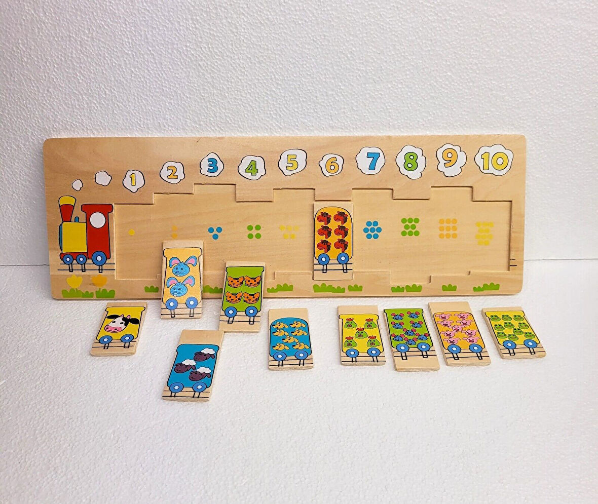 Ahşap Bultak Numaralı Hayvanlı Tren Puzzle 11 Parça 44,5x15 cm Eğitici Sayı Oyunu