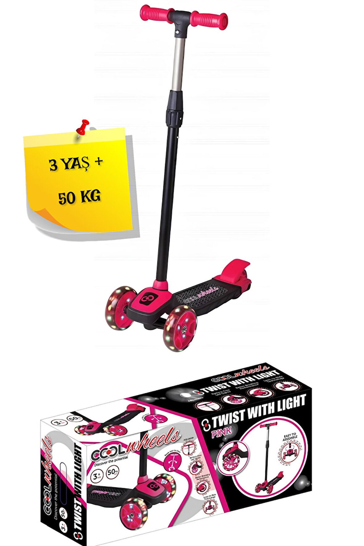 3 Tekerlekli Işıklı Scooter Pembe Renk - 3 Yaş +