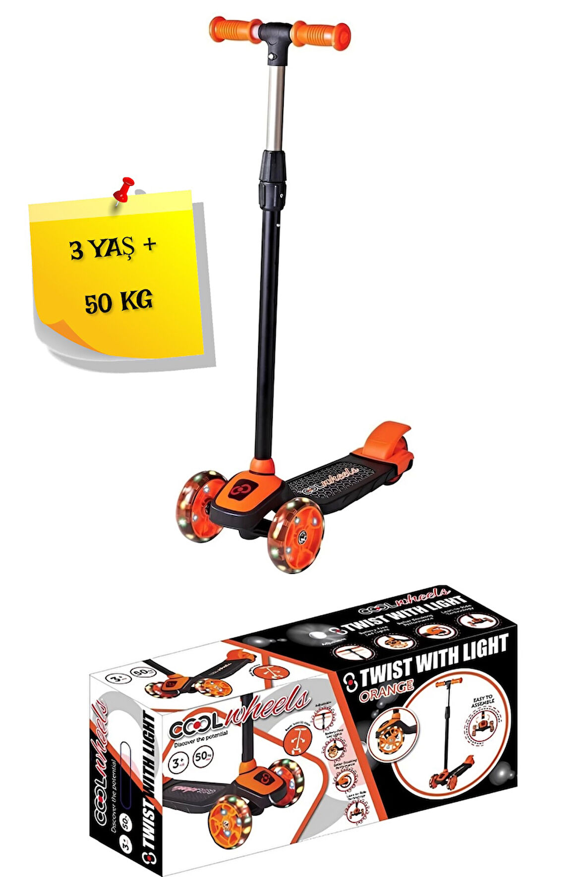 3 Tekerlekli Işıklı Scooter Turuncu Renk - 3 Yaş +