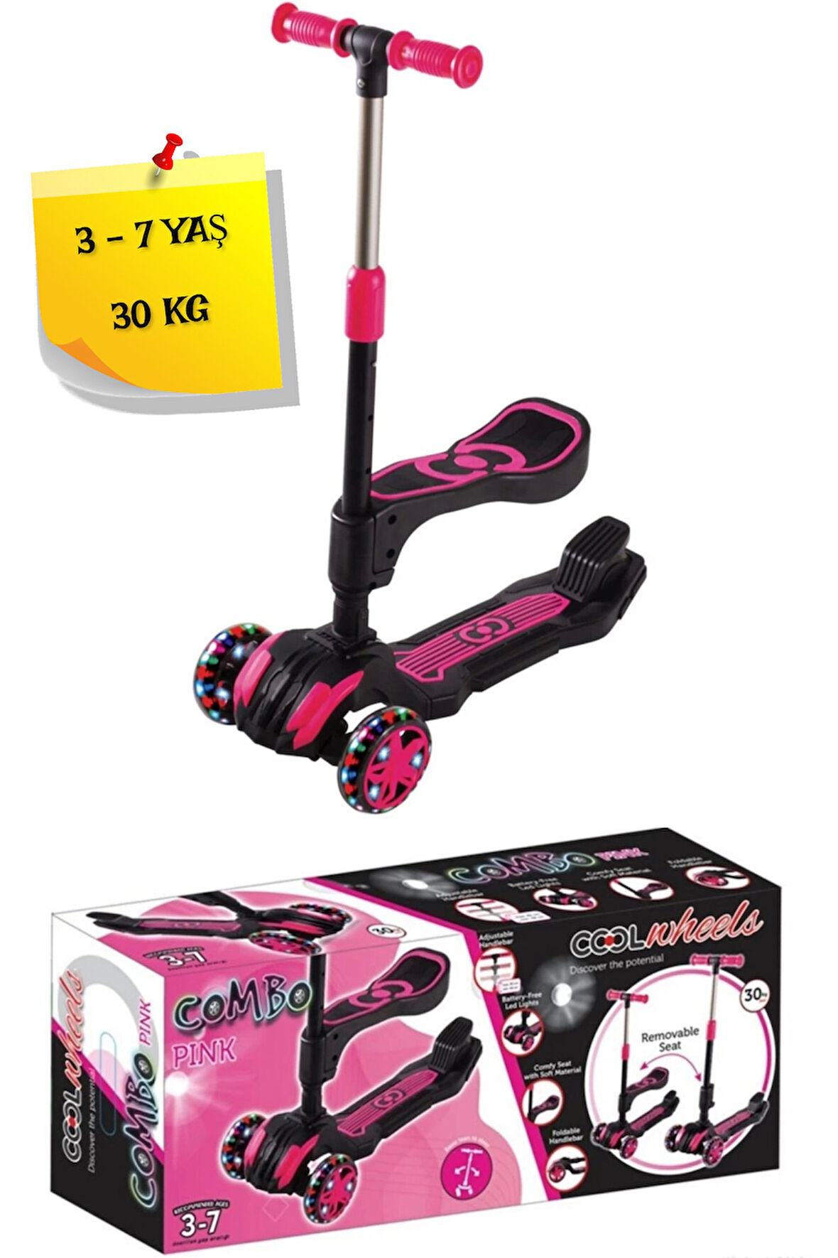 3 Tekerlekli Katlanabilir Işıklı Oturaklı Pembe Renk Scooter - (3 - 7 Yaş Arası)