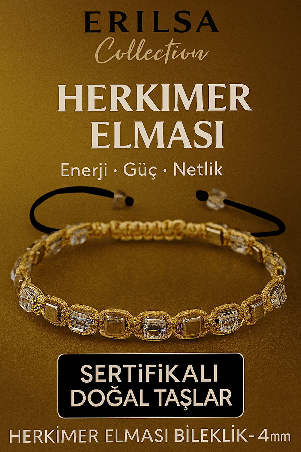 Sertifikalı Doğal Terahertz - Herkimer Elması Taşı Bileklik 4x4 mm - Arınma ve Işık Taşı