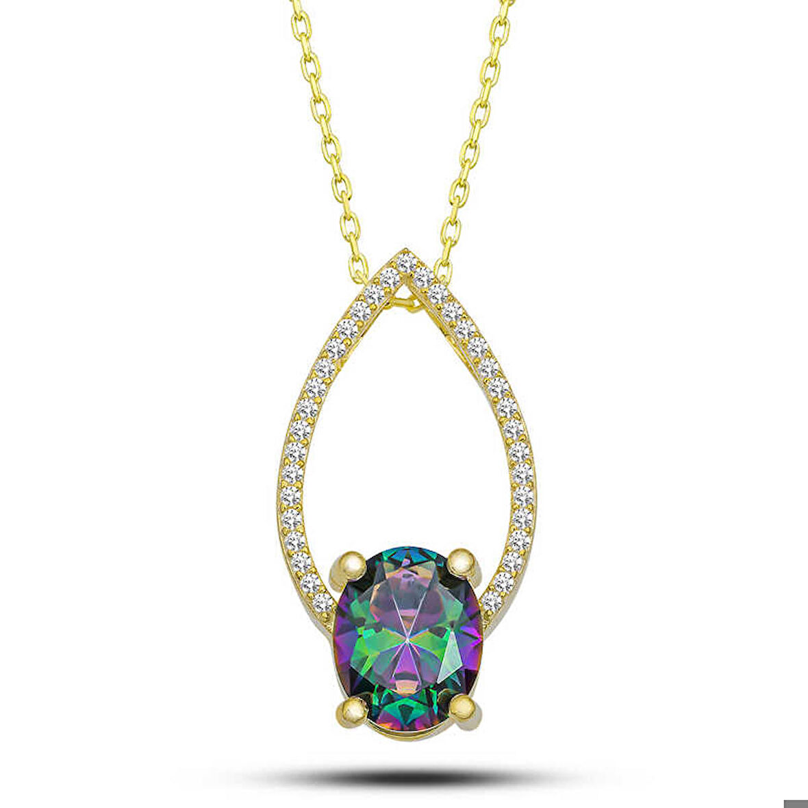 Gümüş Gold Oval Mistik Topaz Taşlı Damla Kadın Kolye