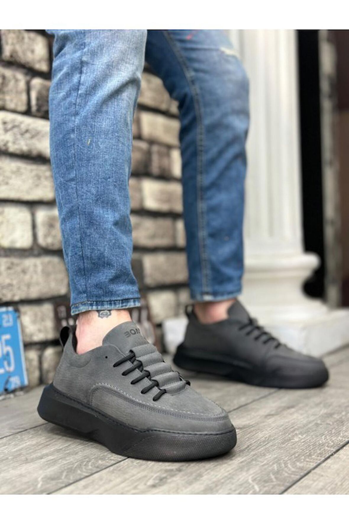 Xramburada 332 Merdiven Desen Bağcıklı Erkek Yüksek Taban Füme Cilt Spor Ayakkabı