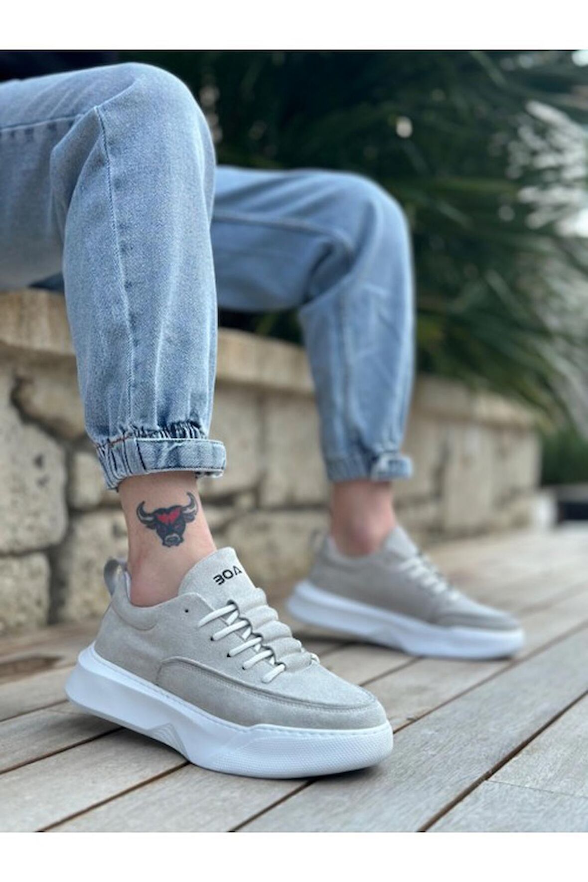 Xramburada Merdiven Desen Bağcıklı Erkek Yüksek Taban Gri Süet Beyaz Taban Spor Ayakkabı