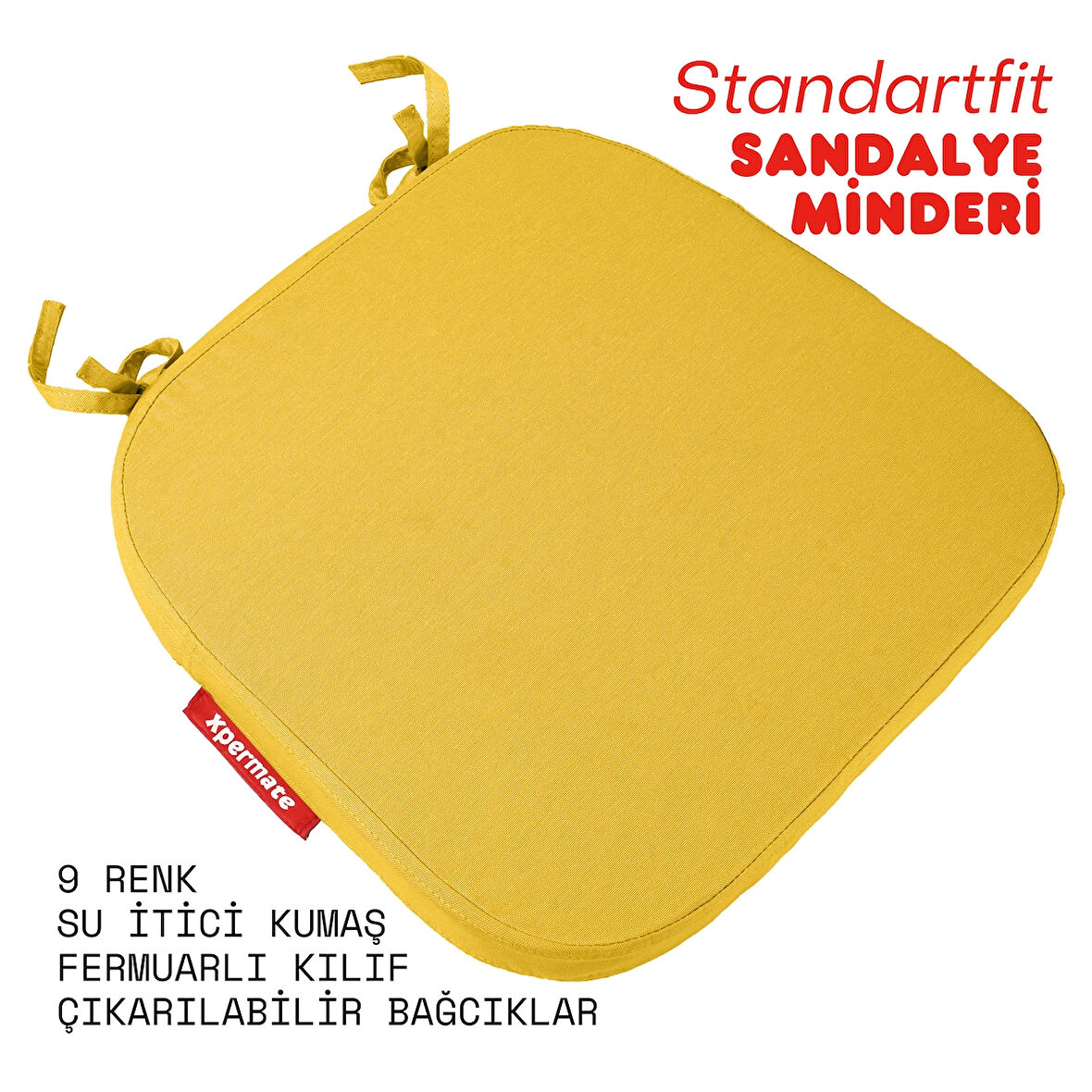 XPERMATE StandartFit Oval Sandalye Minderi Fermuarlı Yıkanabilir Kılıf Bağcıklı Su ve Yağ İtici 42x42x5 Sarı