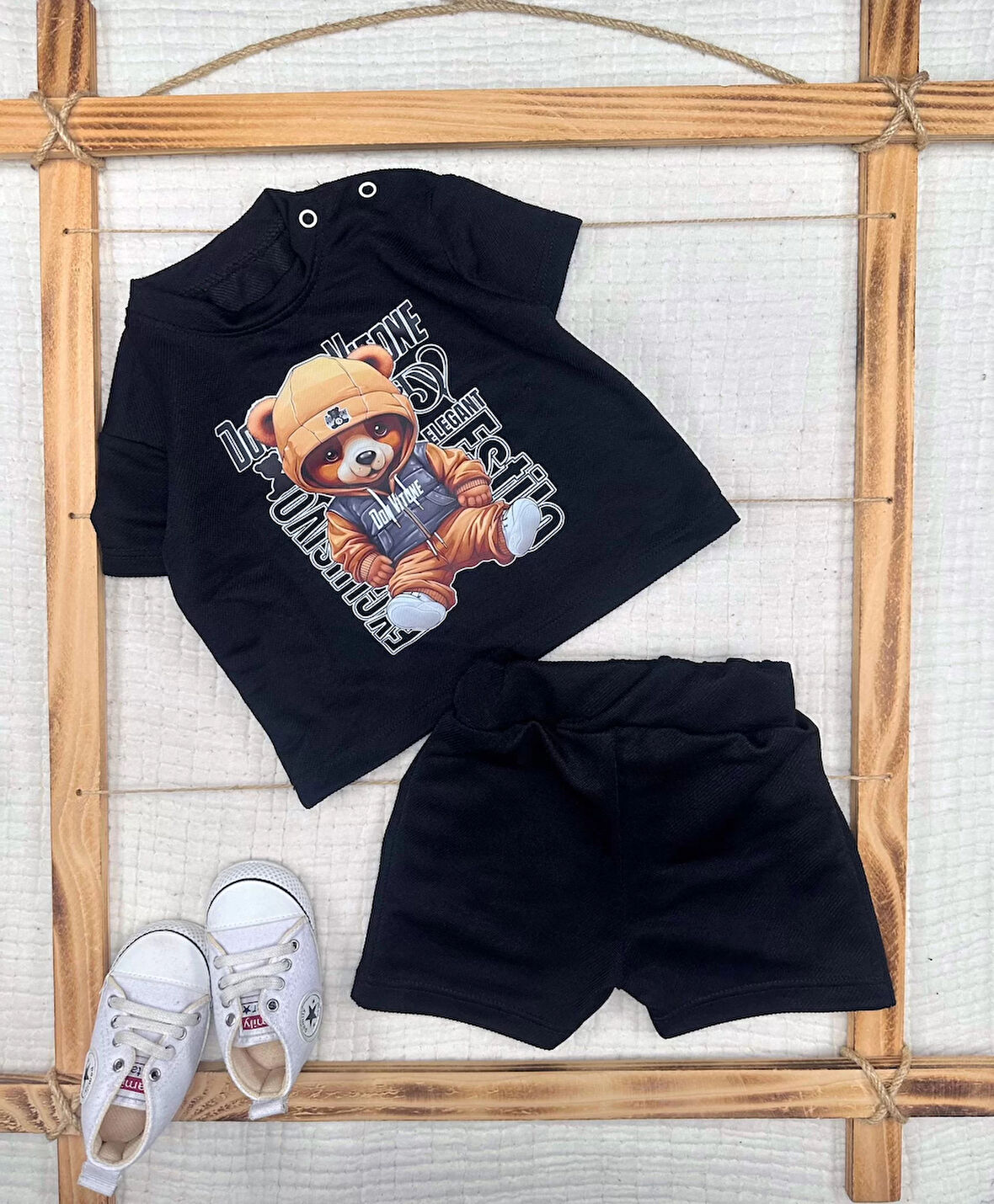 9-12-18-24 Ay Dansçı Ayıcık Baskılı Şortlu Kısa Kollu Tişört 2li Erkek Bebek Takımı