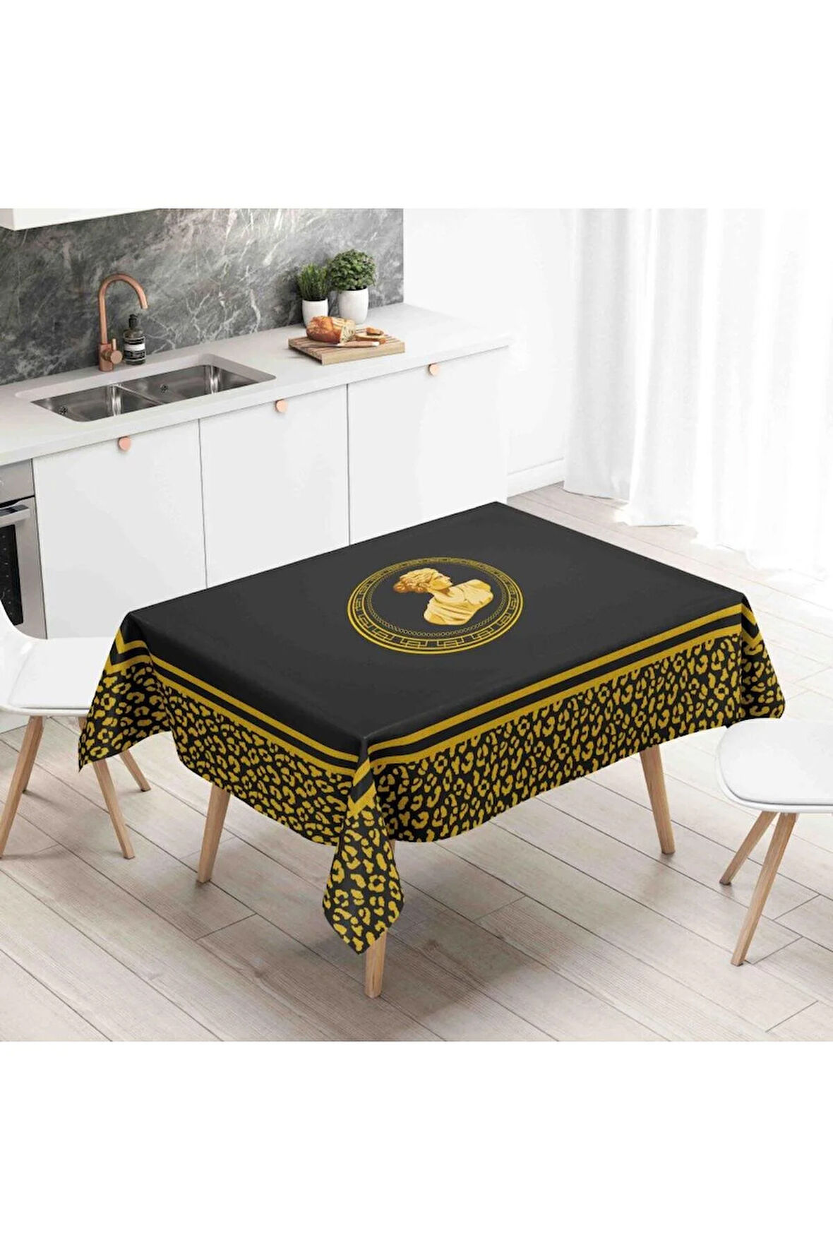Siyah Büst Detaylı Masa Örtüsü İnce Keten Uluslararası Yıkama ve Solmama Sertifikası