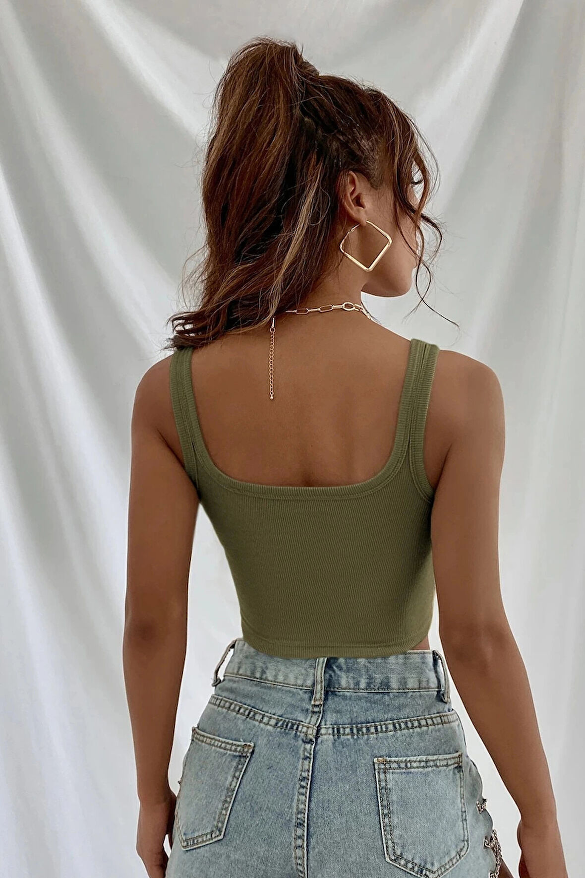 Kadın Haki Yeşili Kalın Askılı Crop Top Büstiyer