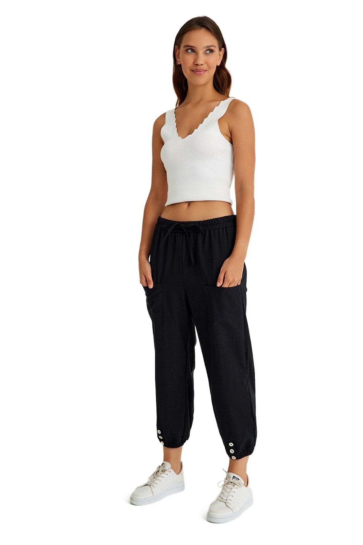 Barbora Keten Günlük Pantolon Beli Lastikli Bağcıklı Ln15siyah3
