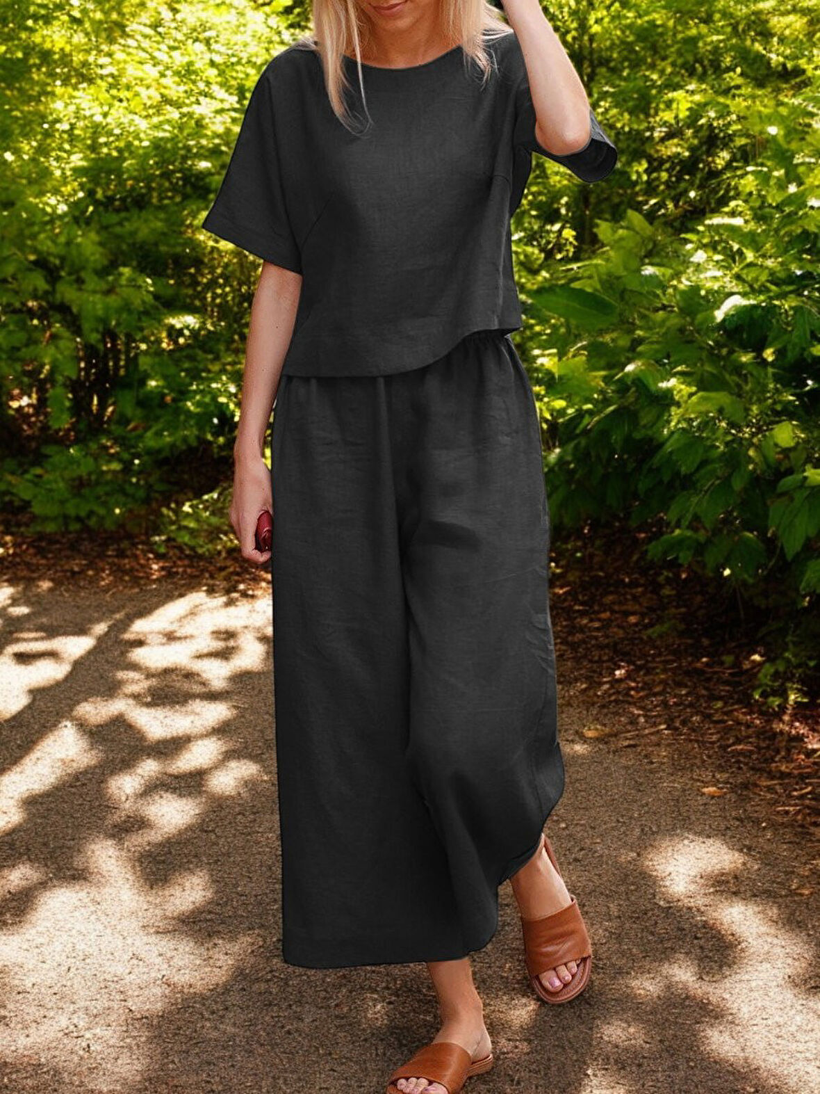 Keten Kadın Beli Lastikli Alt Üst İkili Takım