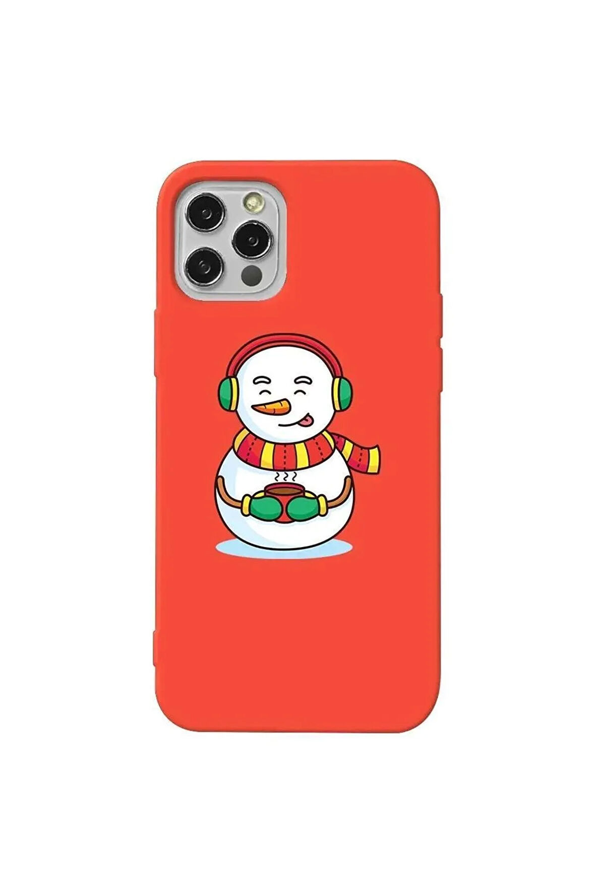 Iphone 12 Pro Max Uyumlu Turuncu Renkli Silikon Telefon Kilifi - Snowman With Coffee