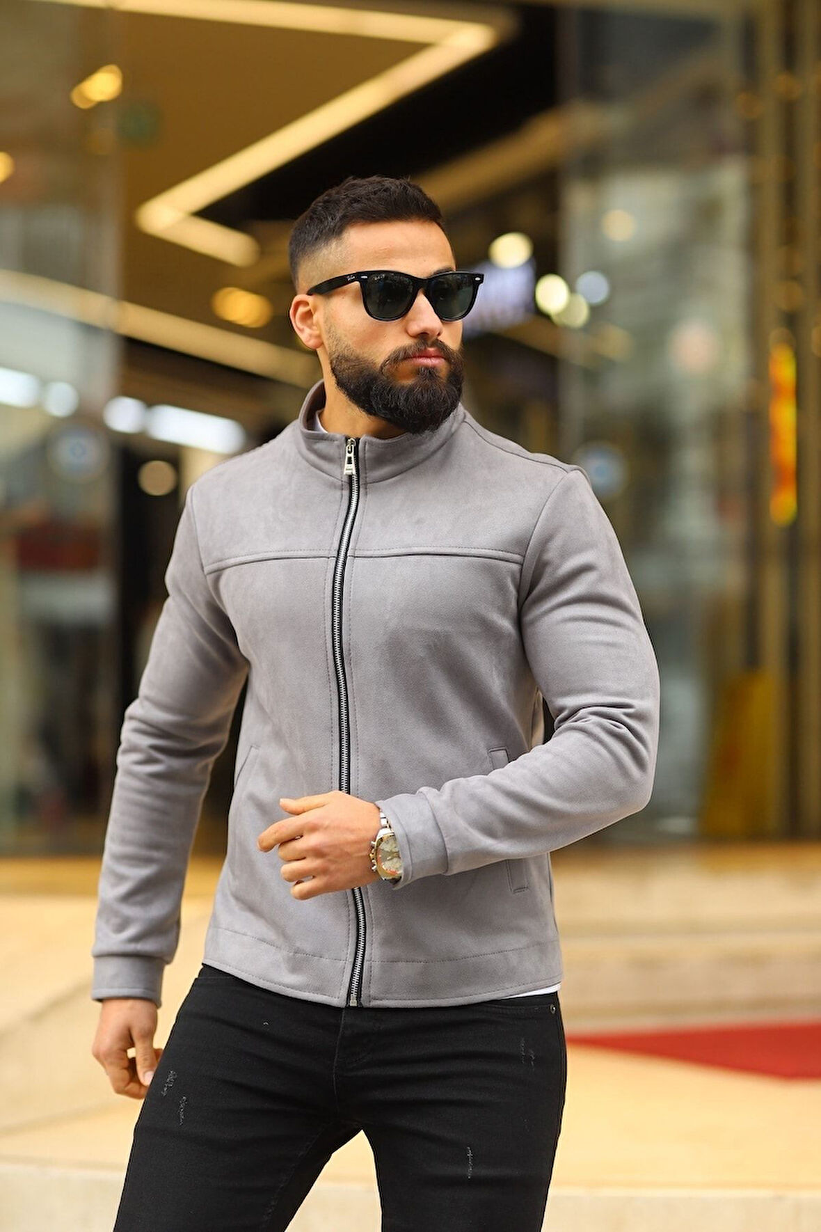 Premium Örme Triko Kol Dik Yaka Süet Ceket