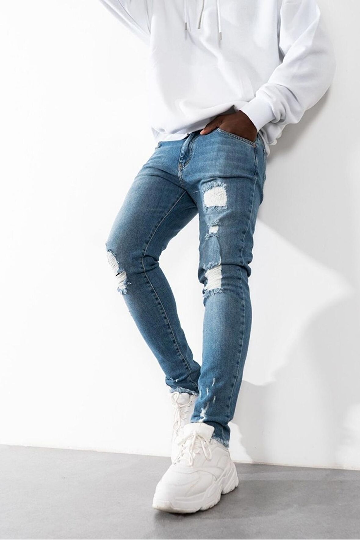 Street Style Yırtık Skinny Erkek Jean Kot Pantolon NF0320MVBZ