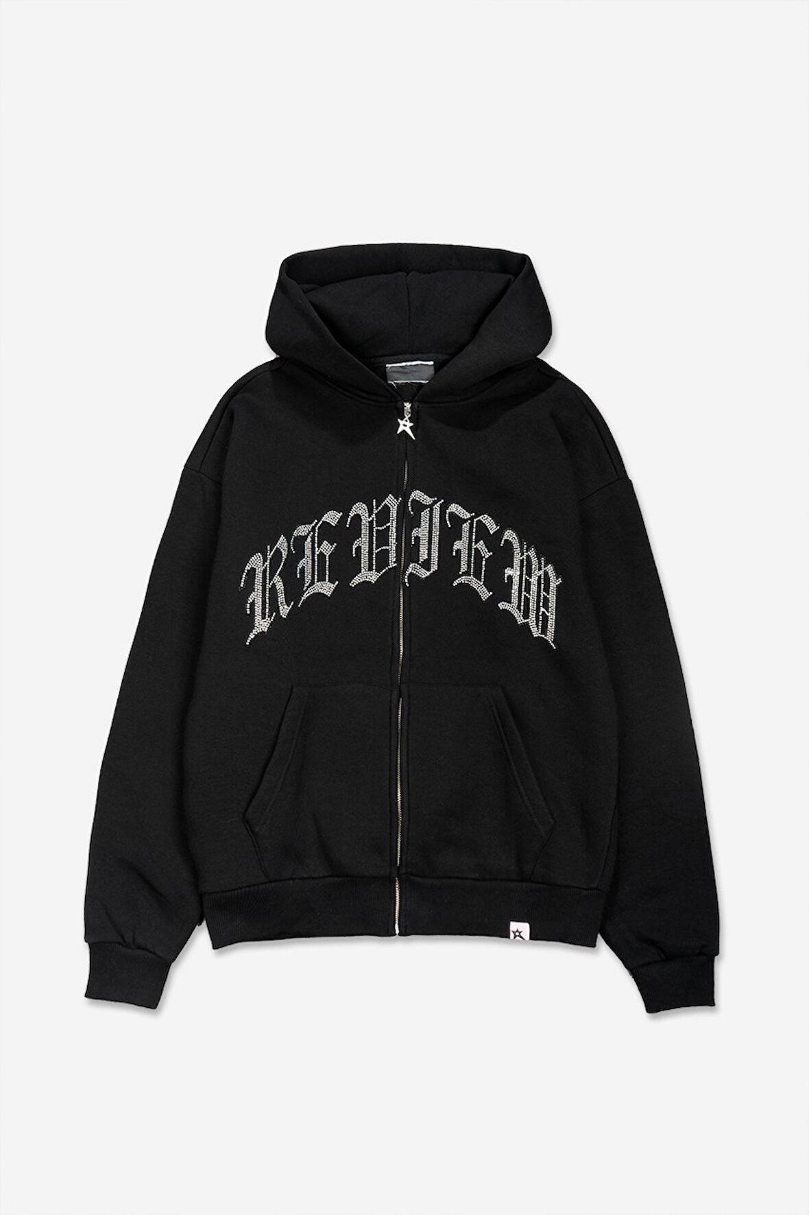 Taşlı Siyah Zip Oversize Erkek Ceket Hoodie