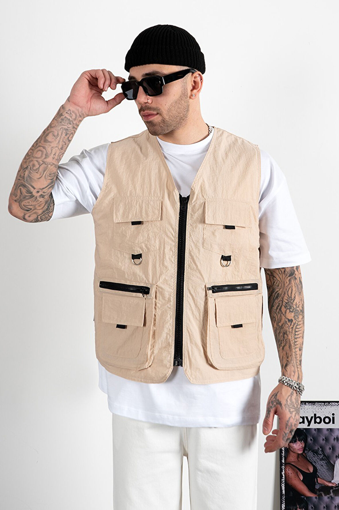 Bej Çok Cepli Utility Kargo Erkek Yelek