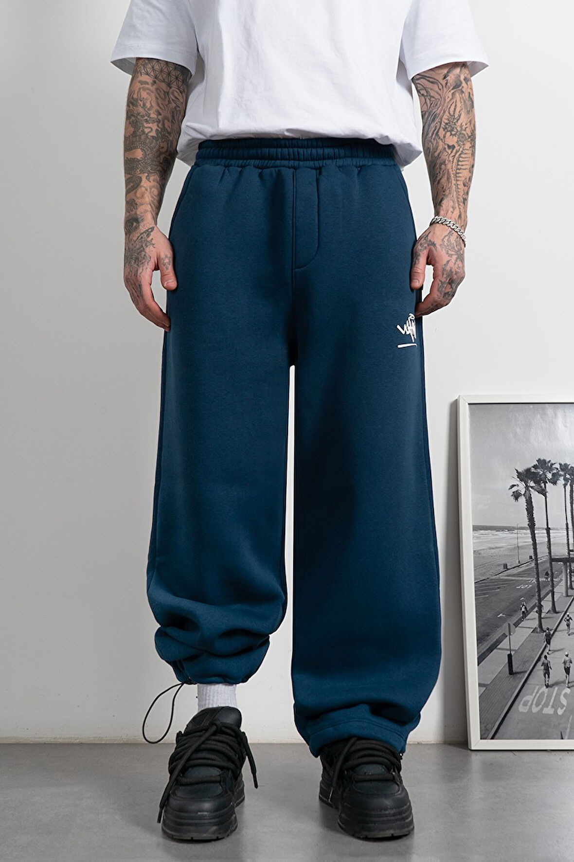 Classic Logo Stoperli Lacivert Wide Leg Erkek Eşofman Altı