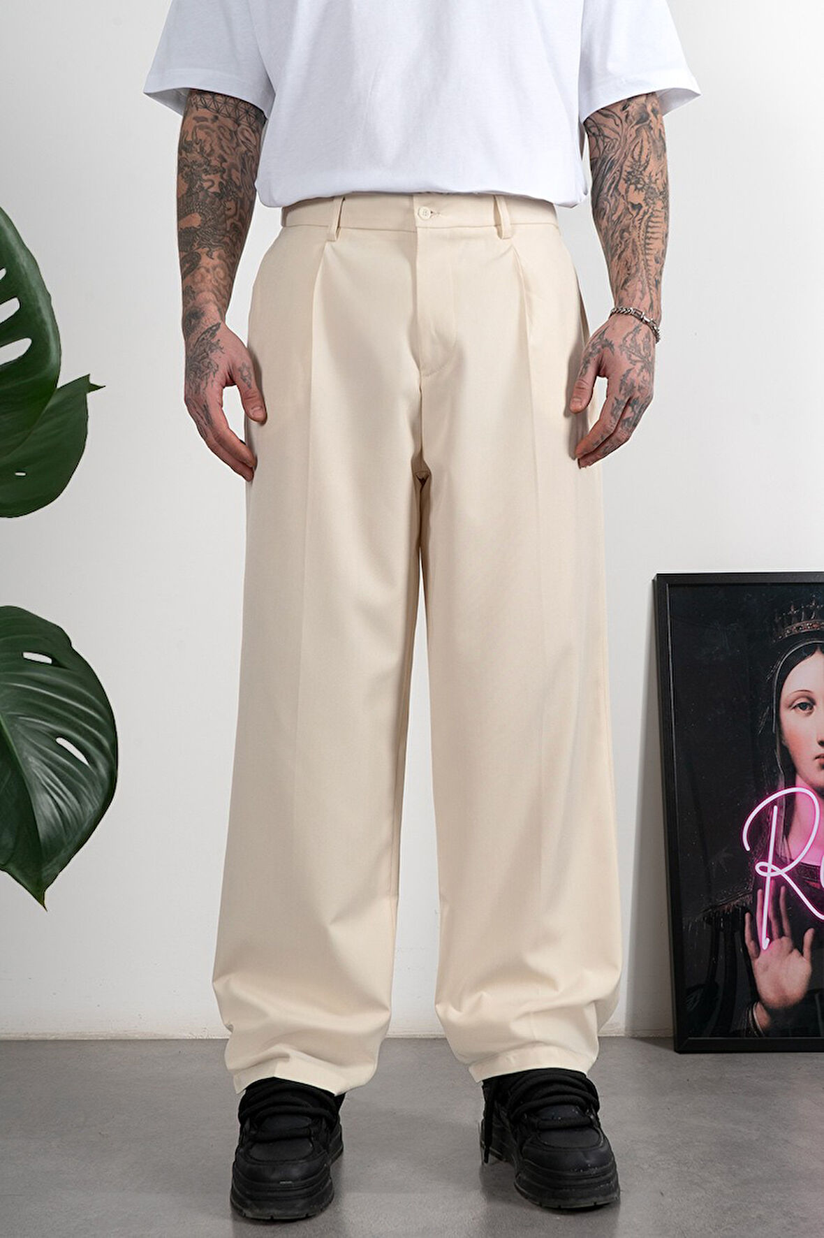 Wide Leg Pilili Ekru Retro Erkek Kumaş Pantolon