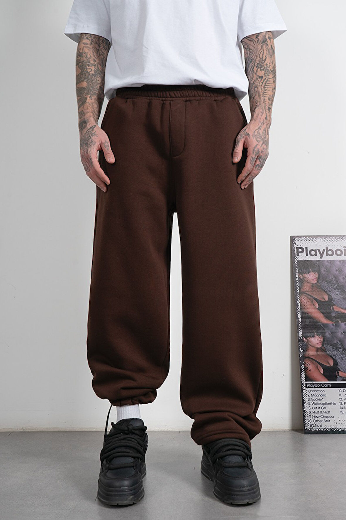 Stoperli Kahve Wide Leg Erkek Eşofman Altı