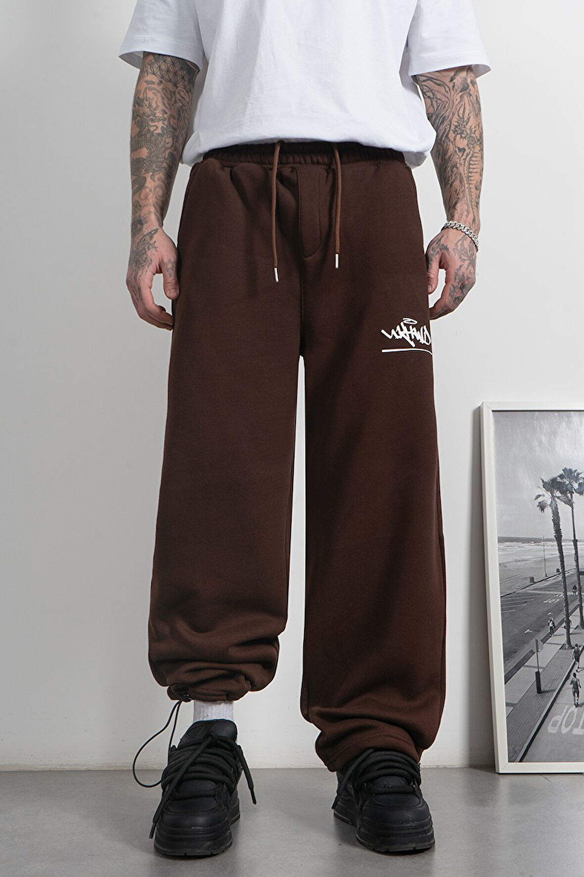 Classic Logo Stoperli Kahve Wide Leg Erkek Eşofman Altı