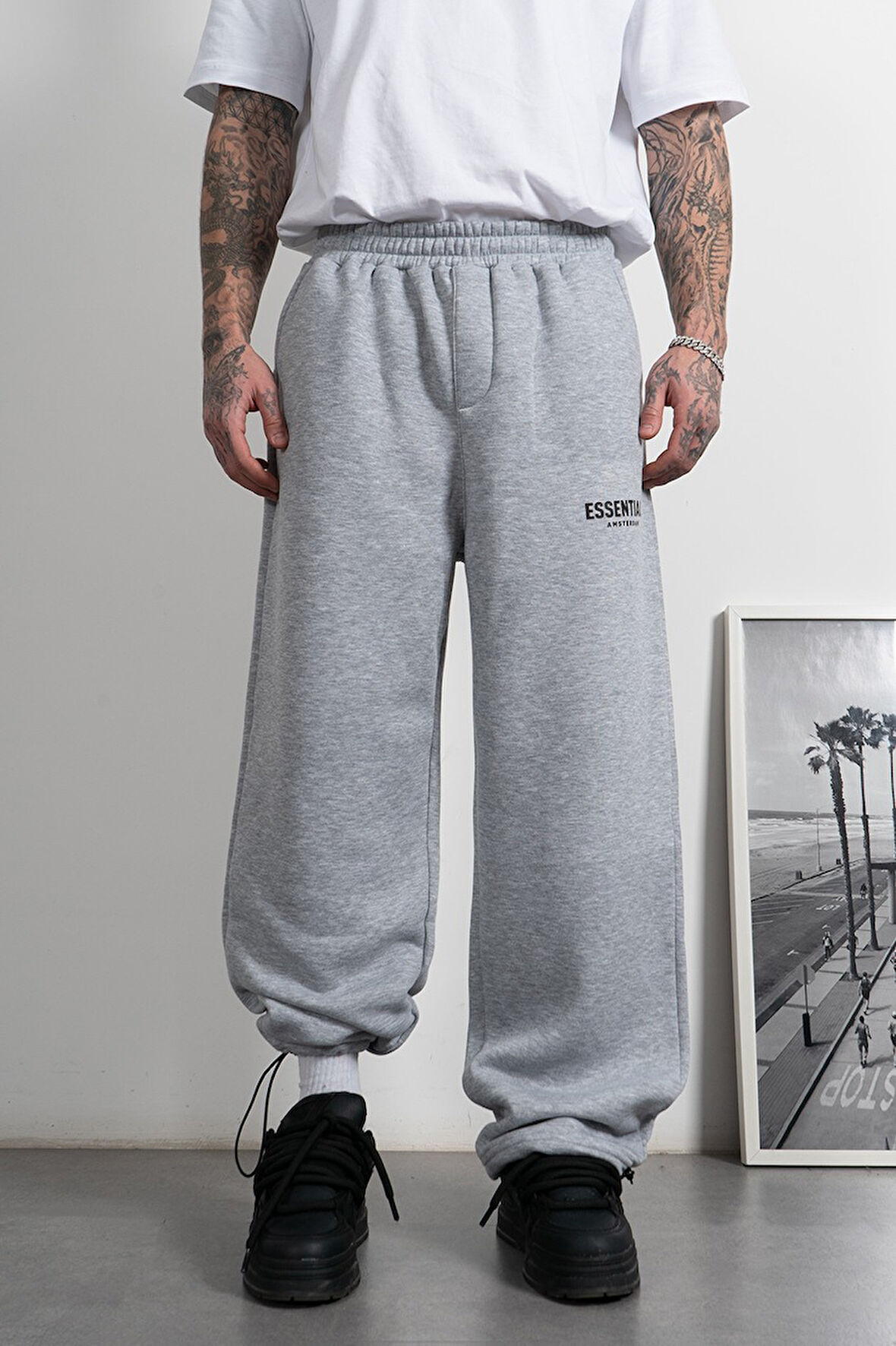 Essentials Amsterdam Stoperli Gri Wide Leg Erkek Eşofman Altı