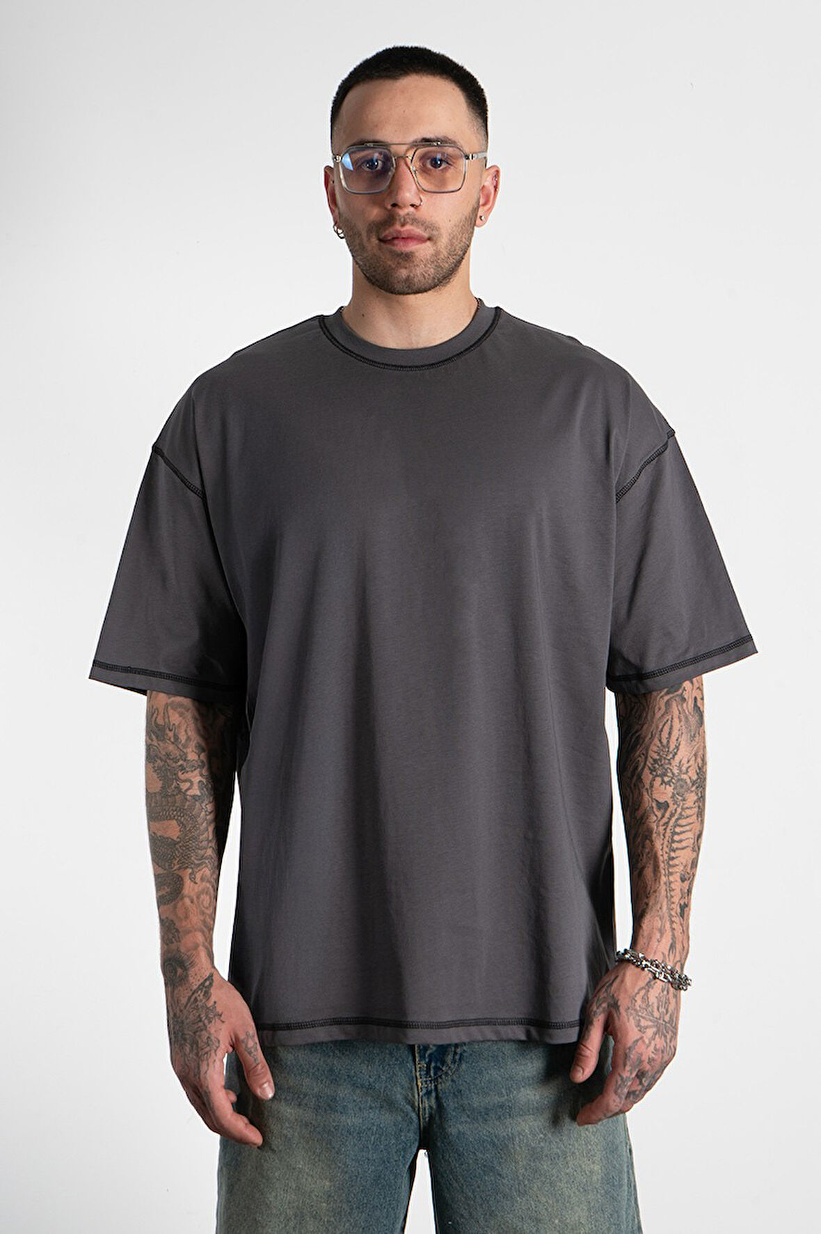 Kontrast Dikiş Oversize Füme Erkek Tişört