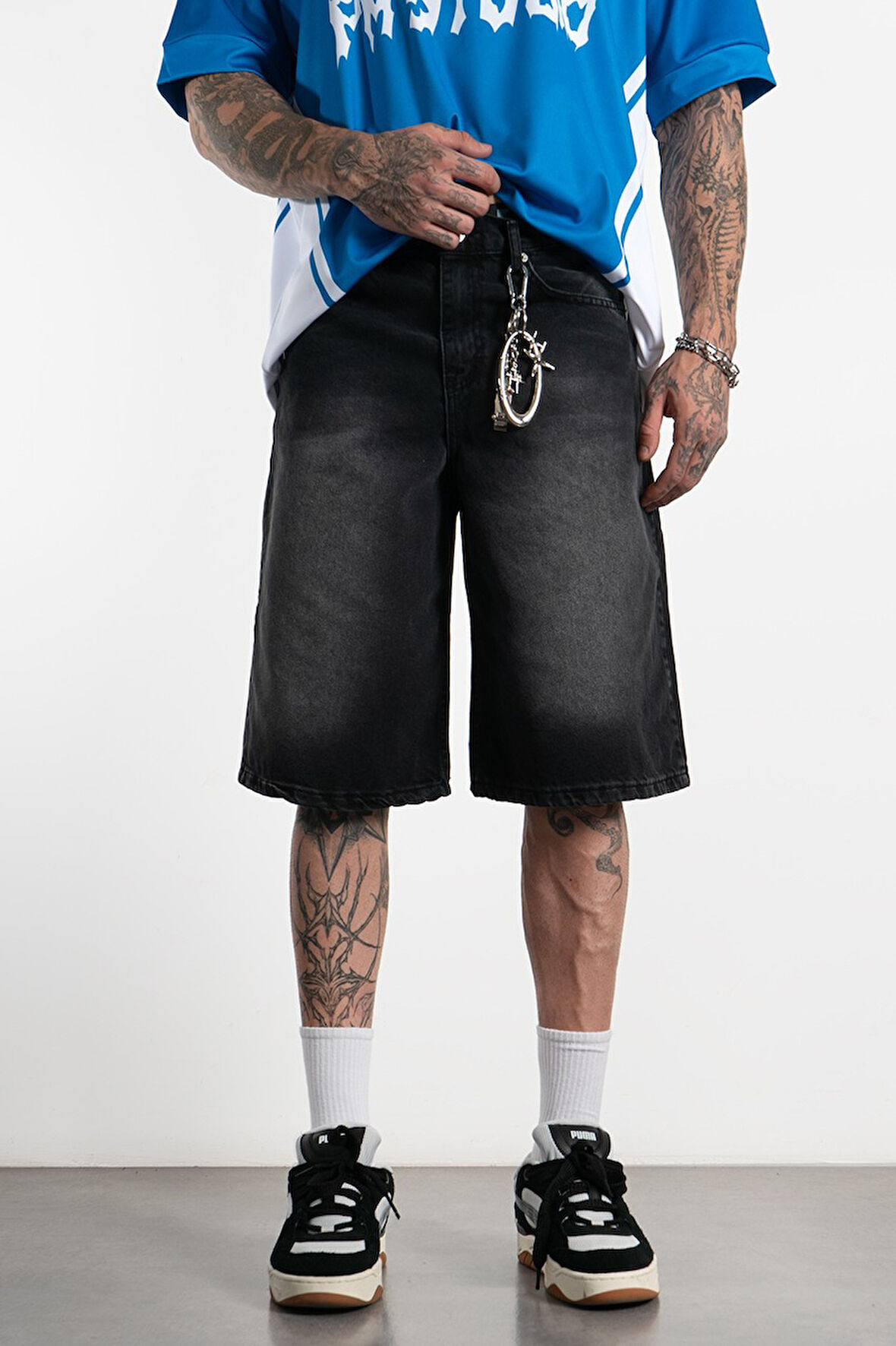 Washed Siyah Baggy Jean Erkek Şort