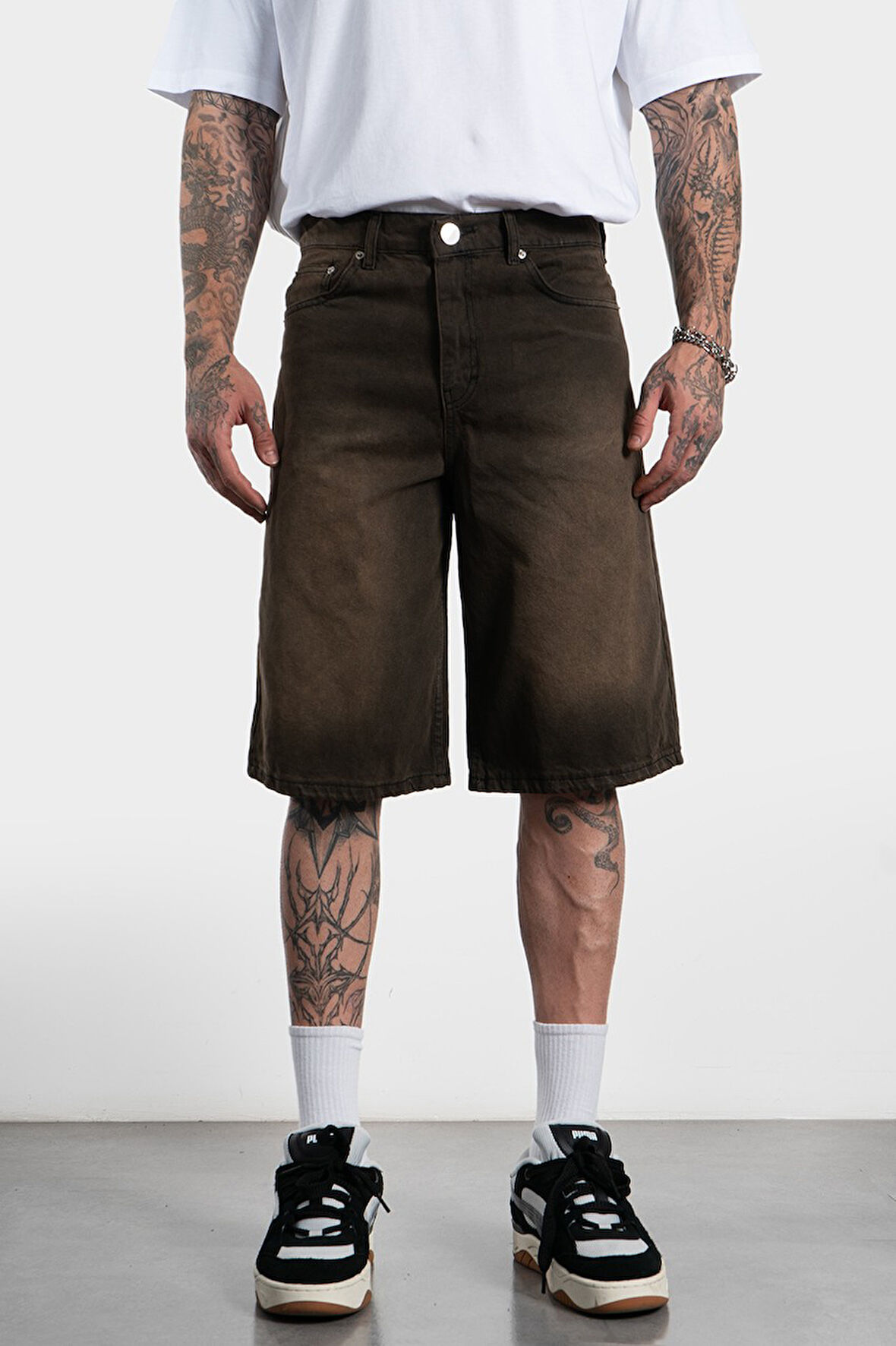 Acid Washed Kahve Baggy Jean Erkek Şort