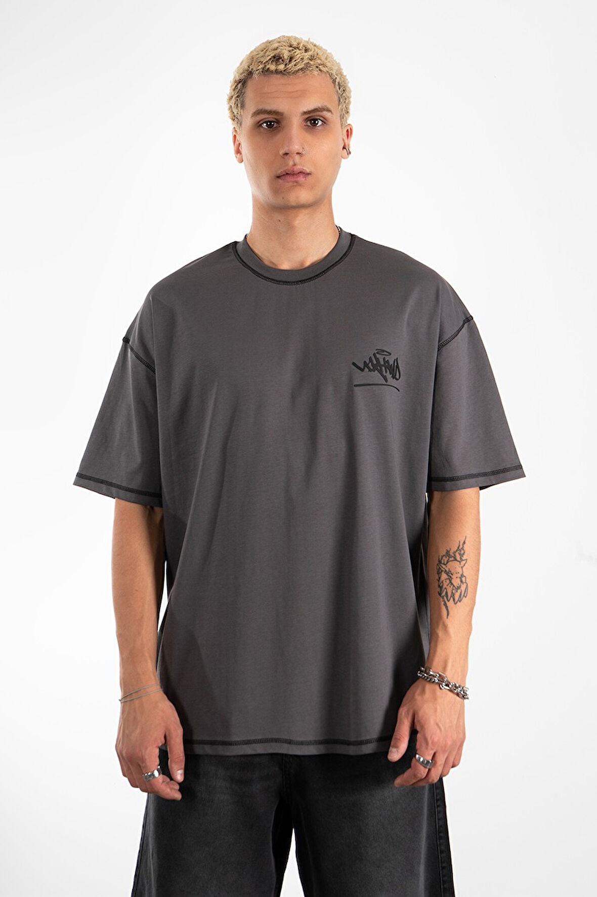 Kontrast Dikiş Classic Logo Oversize Füme Erkek Tişört