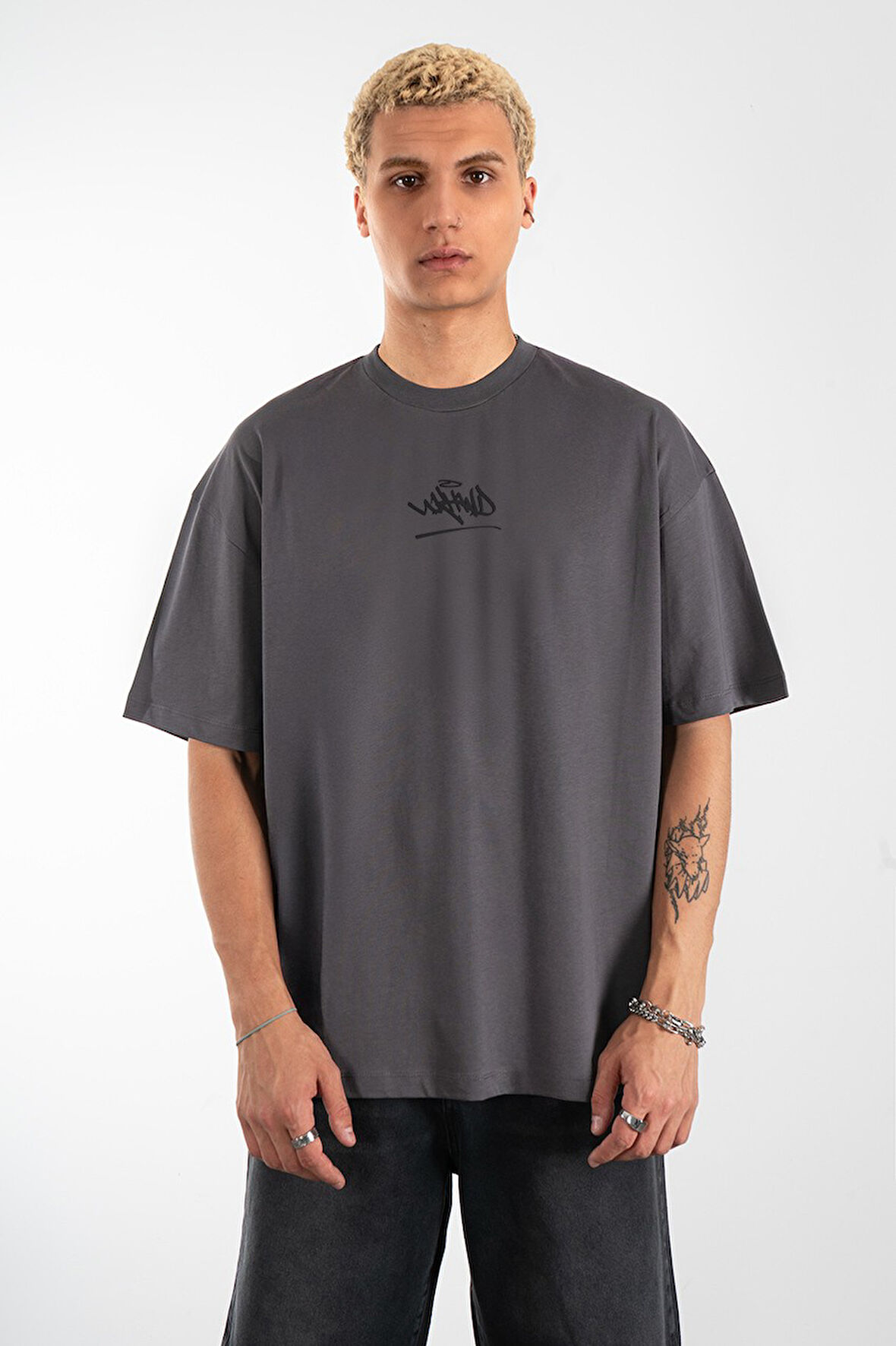 Siyah Classic Graffiti Logo Oversize Füme Erkek Tişört