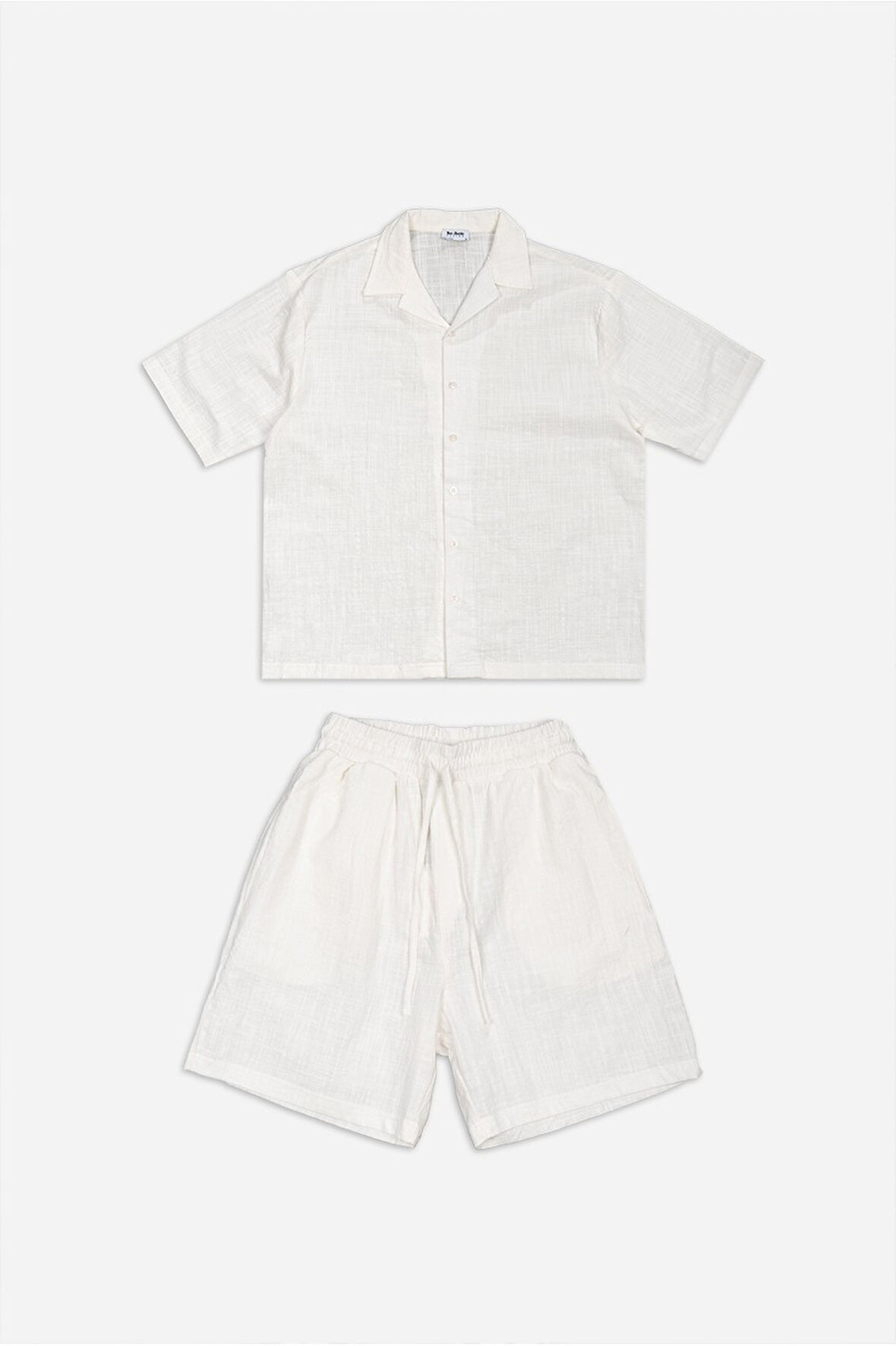 Alaçatı %100 Pamuk Keten Beyaz Erkek Gömlek ve Şort Takım