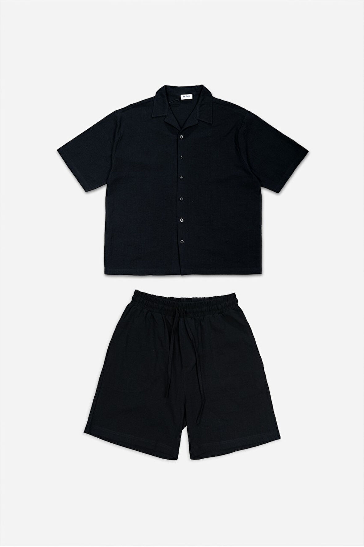 Alaçatı %100 Pamuk Keten Siyah Erkek Gömlek ve Şort Takım