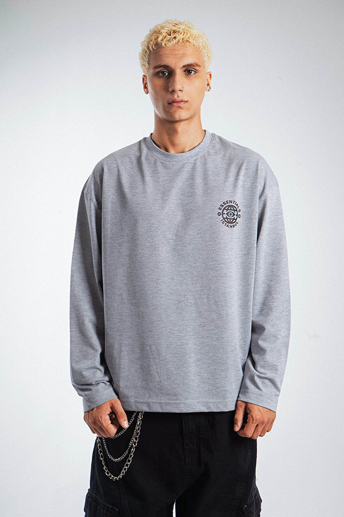 Essentials İstanbul Oversize Uzun Kollu Gri Erkek Tişört