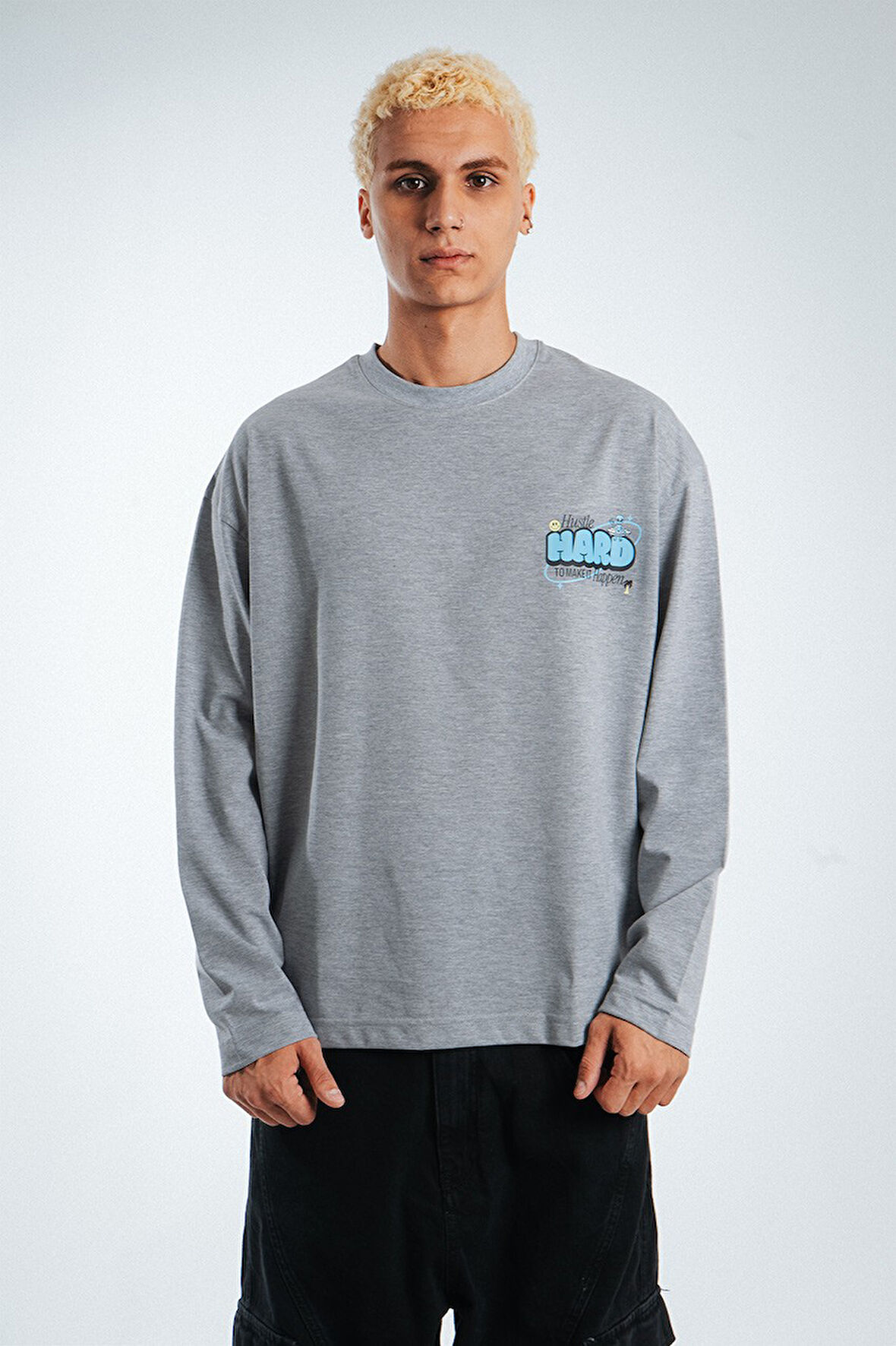 Hustle Hard Oversize Uzun Kollu Gri Erkek Tişört