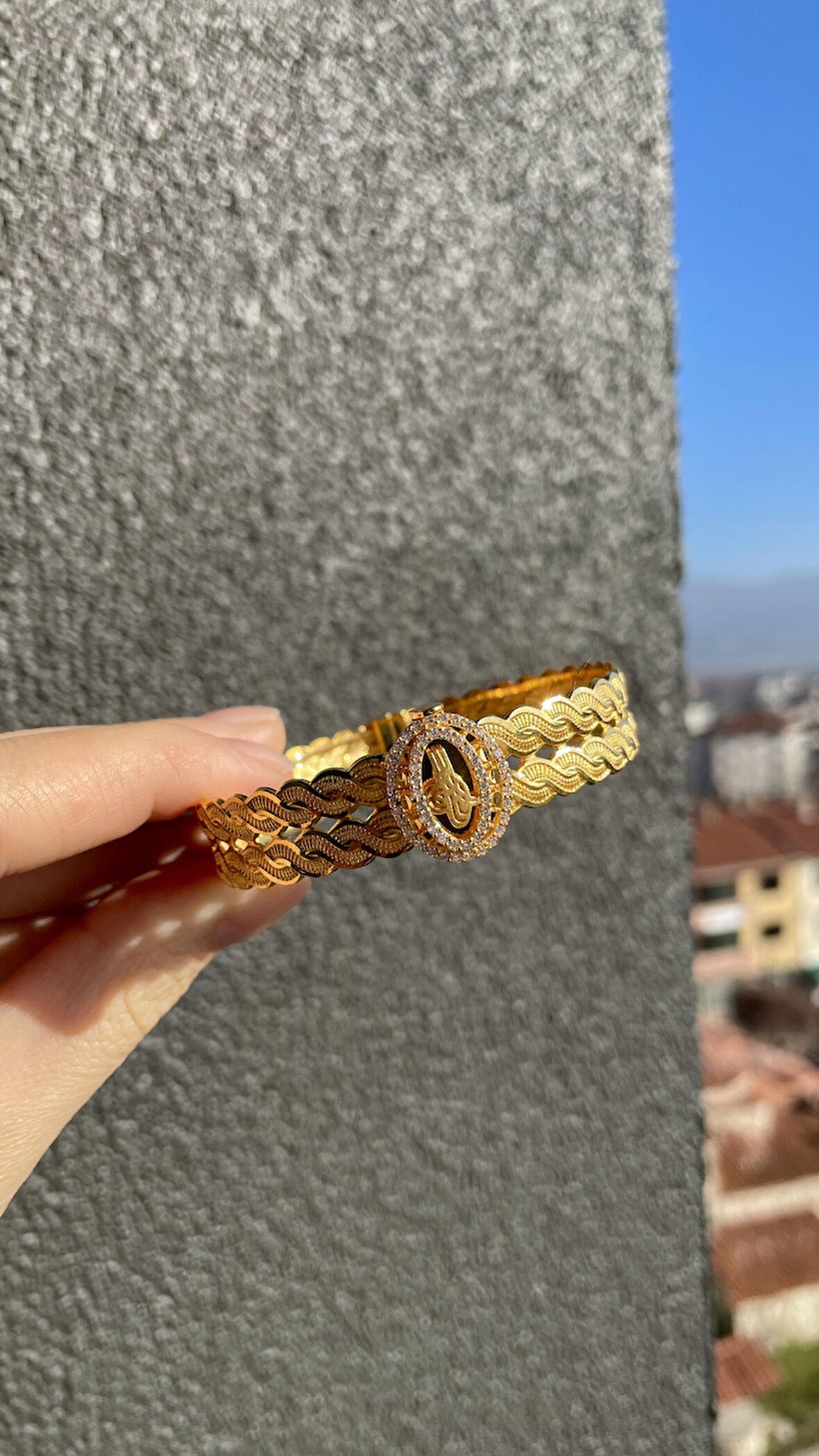 Örgü Burmalı Osmanlı Tuğralı Taşlı Altın Kelepçe