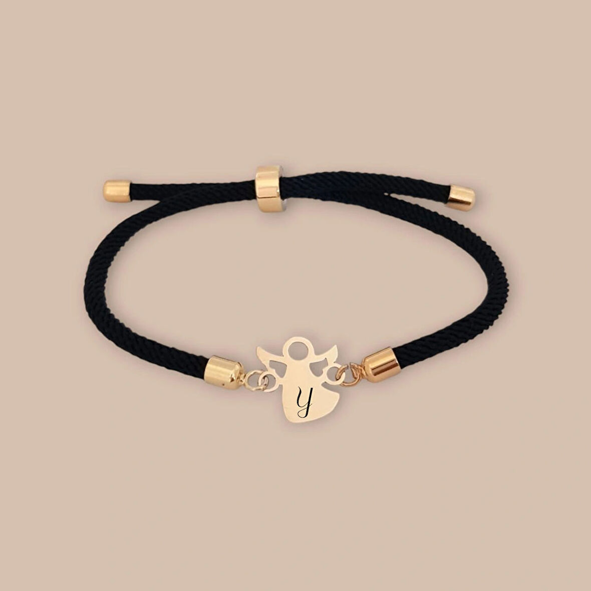 Özel ve Şık Mevlana Figürlü Siyah Örgülü ve 14 Ayar Altın Plakalı Y Harfi Bilekliği