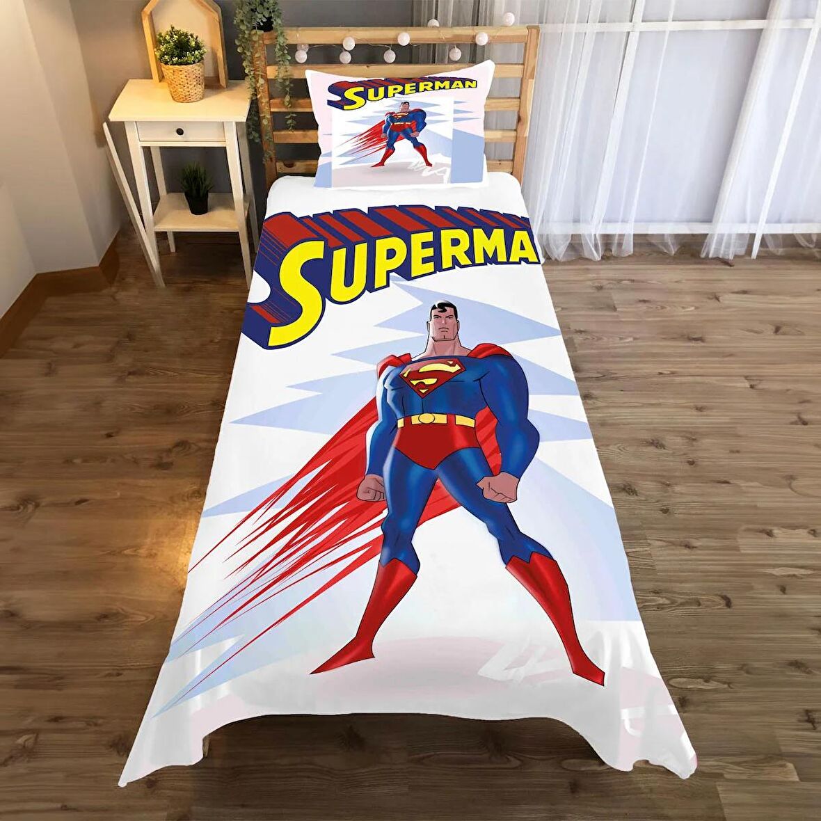 Superman Desenli Yatak örtüsü ve yastık kılıfı 2li takımı