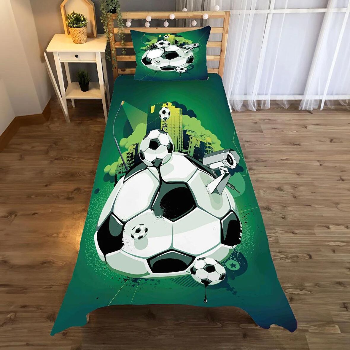 Futbol Desenli Yatak örtüsü ve yastık kılıfı 2li takımı