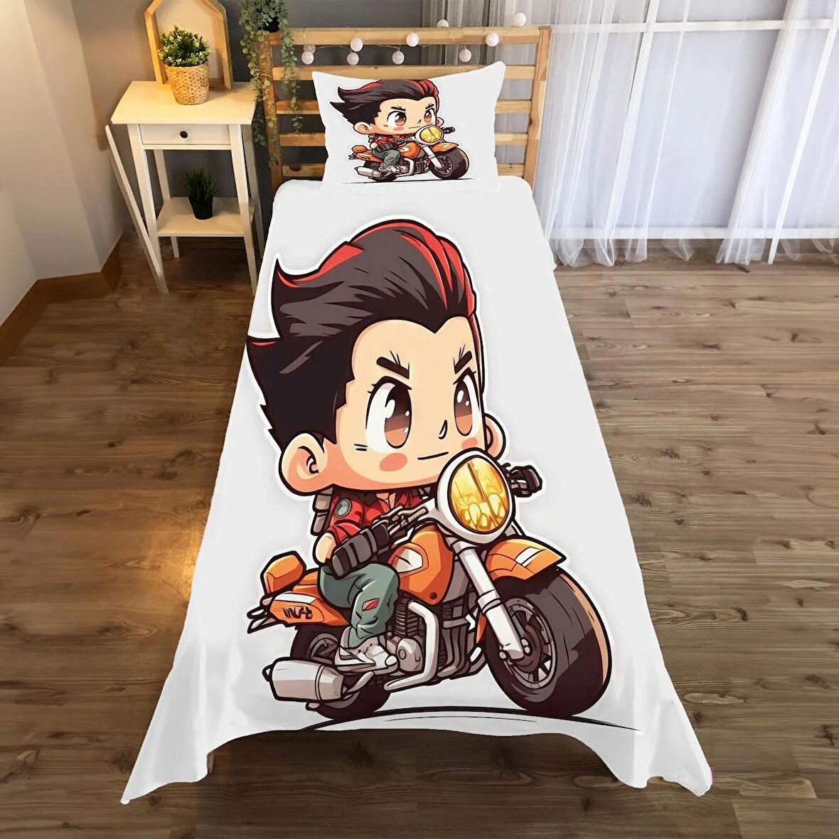 Motosiklet Desenli Yatak örtüsü ve yastık kılıfı 2li takımı