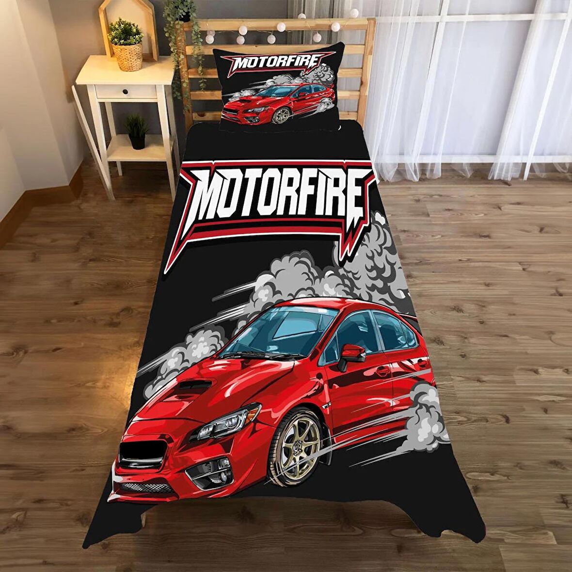 MOTORFIRE Desenli Yatak örtüsü ve yastık kılıfı 2li takımı