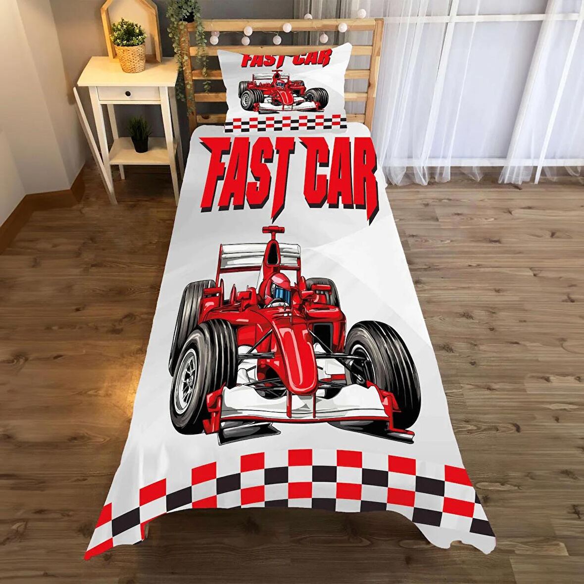 formula one car Desenli Yatak örtüsü ve yastık kılıfı 2li takımı