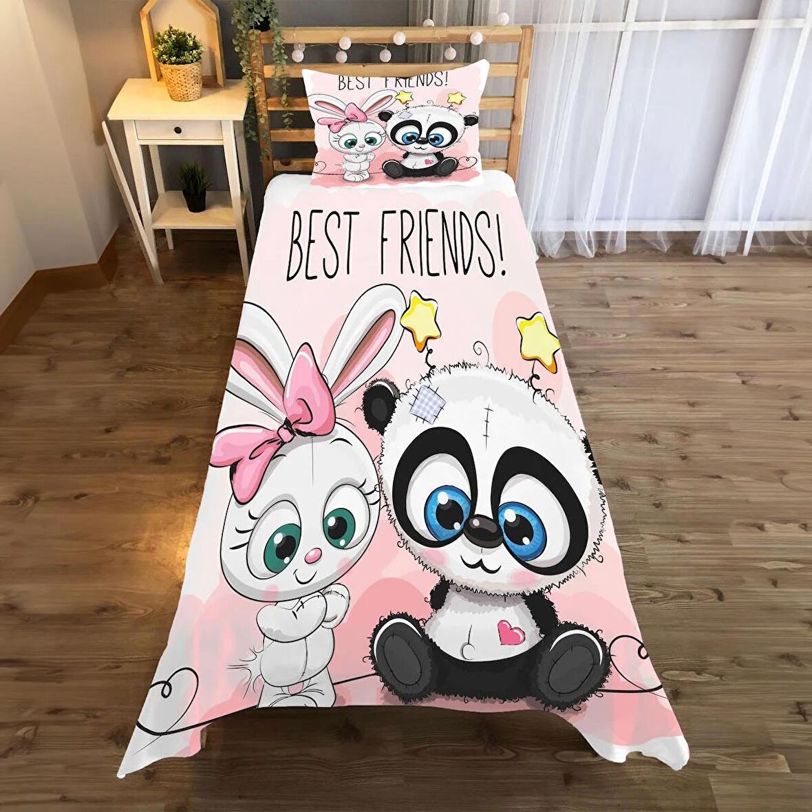 BEST FRIENDS Desenli Yatak örtüsü ve yastık kılıfı 2li takımı