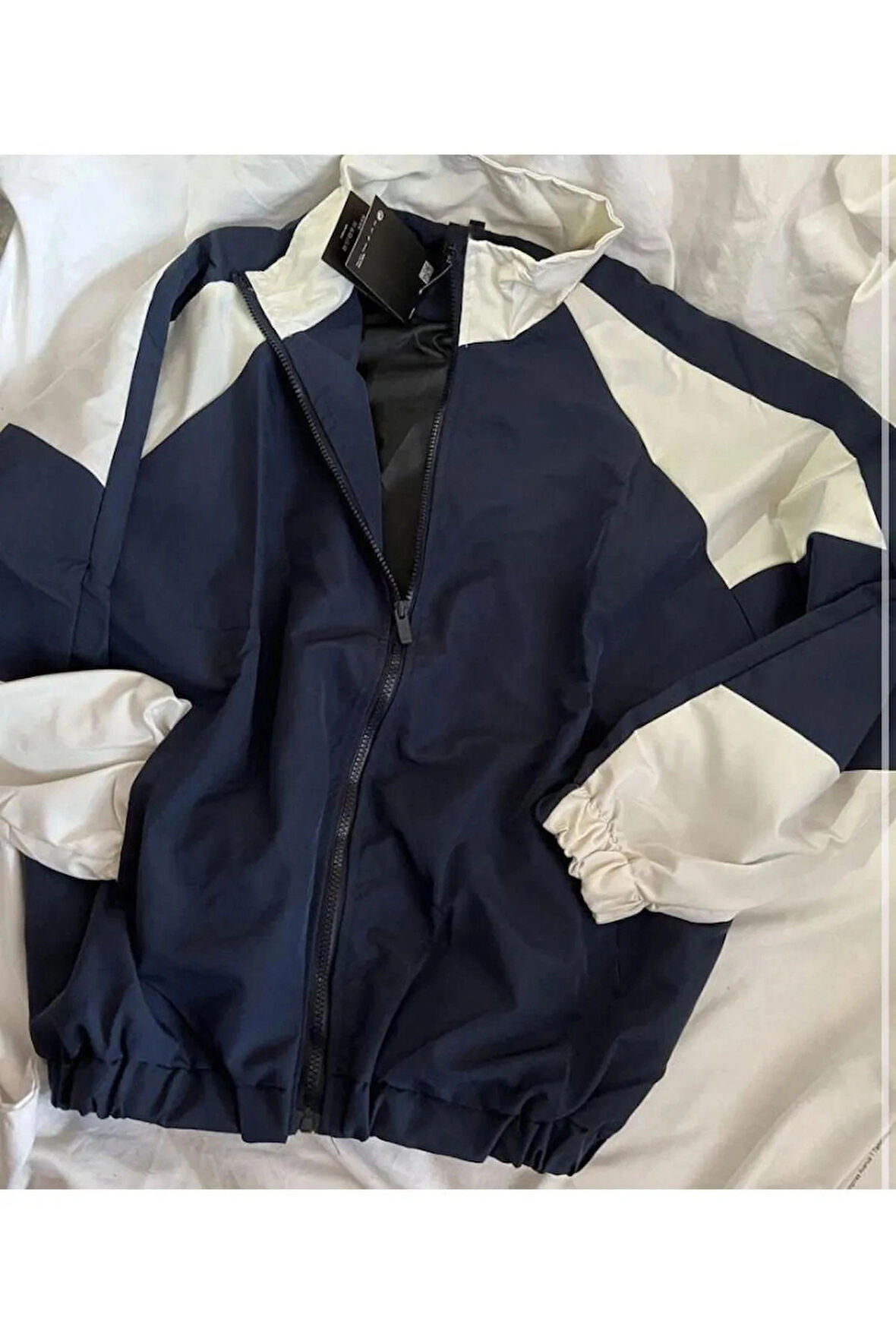 Y2k Krem Lacivert Retro Unisex Paraşüt Kumaş Oversize Dijital Baskılı Rüzgarlık Yağmurluk